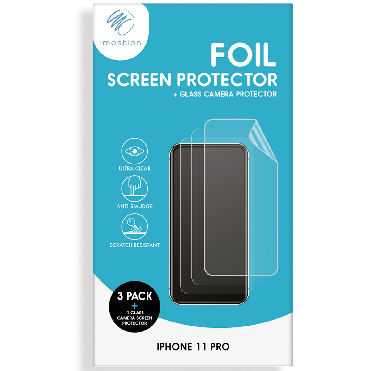 Emballage protecteur d'écran iPhone 11 Pro : pack de 3 avec protecteur de caméra en verre.