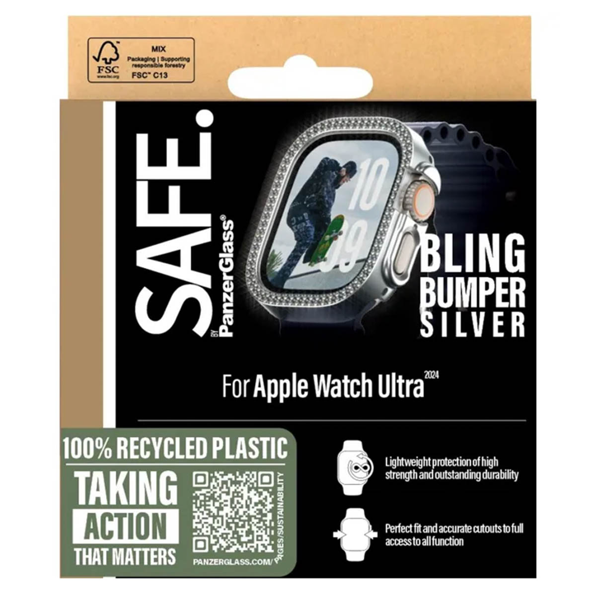Packaging for Apple Watch Ultra with Bling Bumper Silver, 100% recycled plastic.