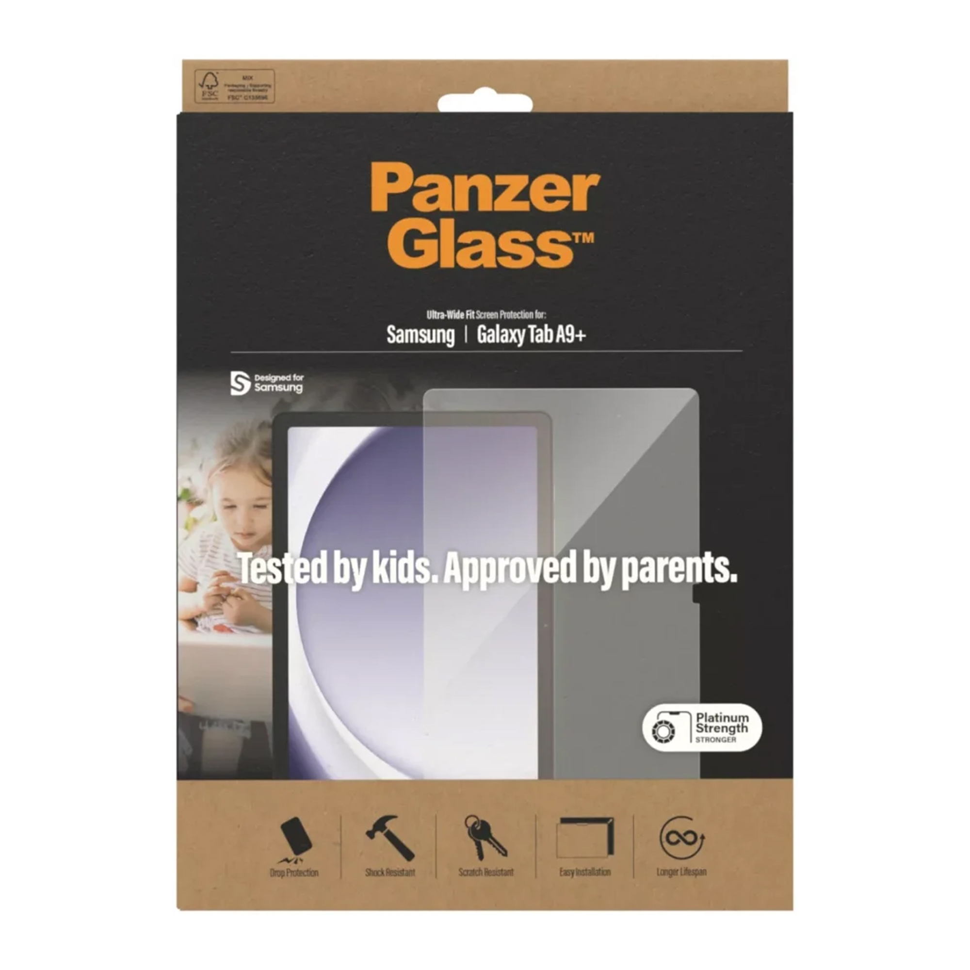 Confezione Panzer Glass per Samsung Galaxy Tab A9+ con grafica di bambino e tablet.