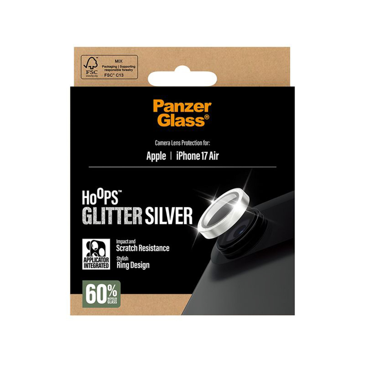 Panzer Glass iPhone 17 Air cameralens protector, zilver glitter, impact bestendig.