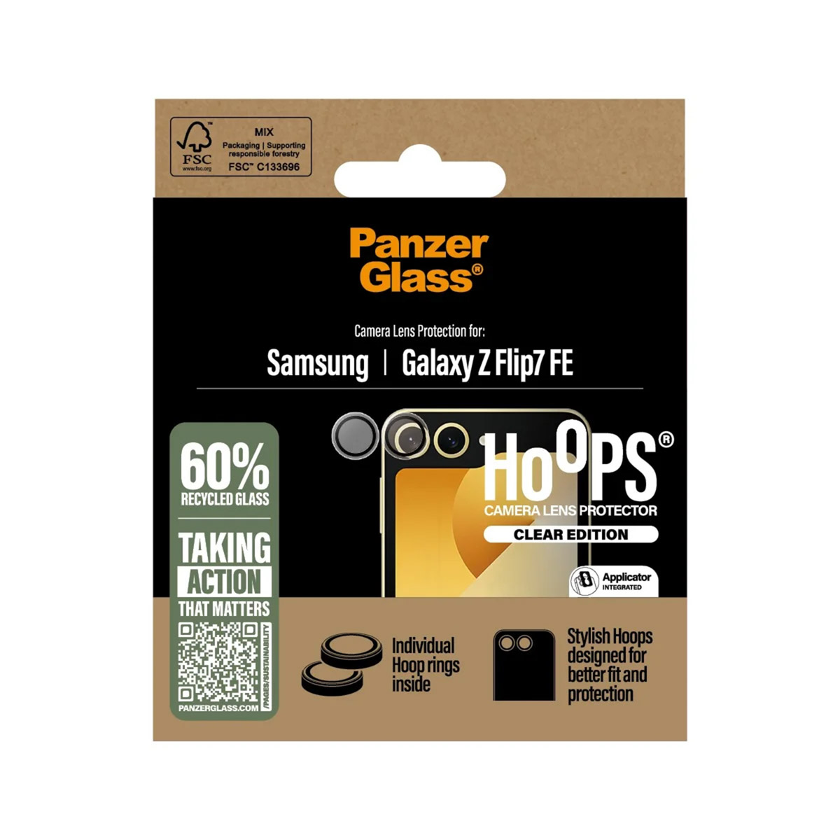 Protecteur d'objectif Panzer Glass Hoops pour Samsung Galaxy Z Flip7 FE, 60% verre recyclé.