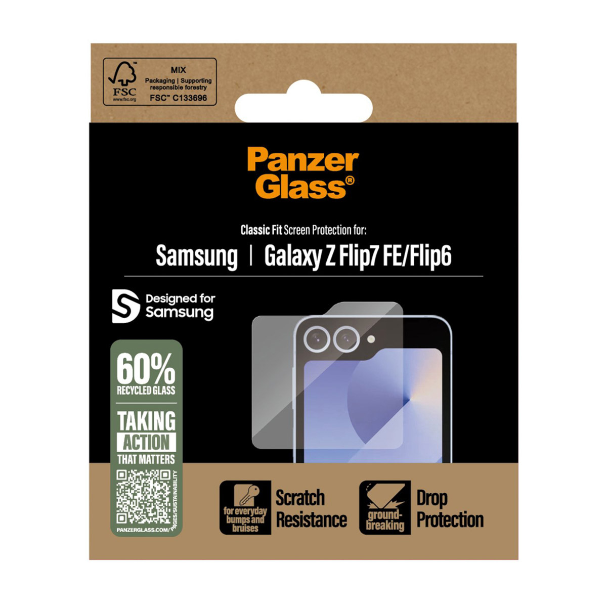 Panzer Glass Displayschutzfolie für Samsung Galaxy Z Flip7 FE/Flip6, 60% recyceltes Glas.