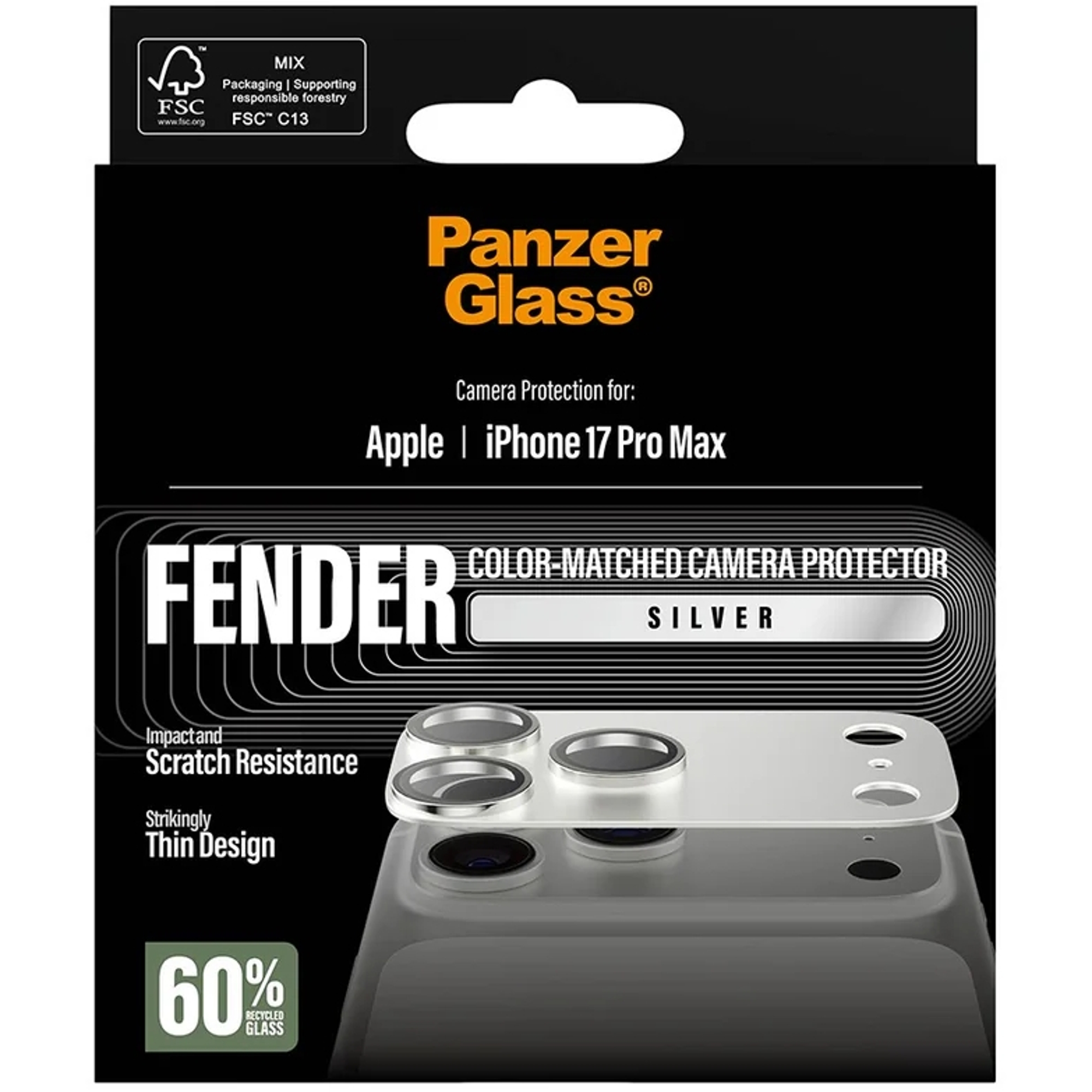 Panzer Glass iPhone 17 Pro Max kamera koruyucu ambalajı, gümüş renk.