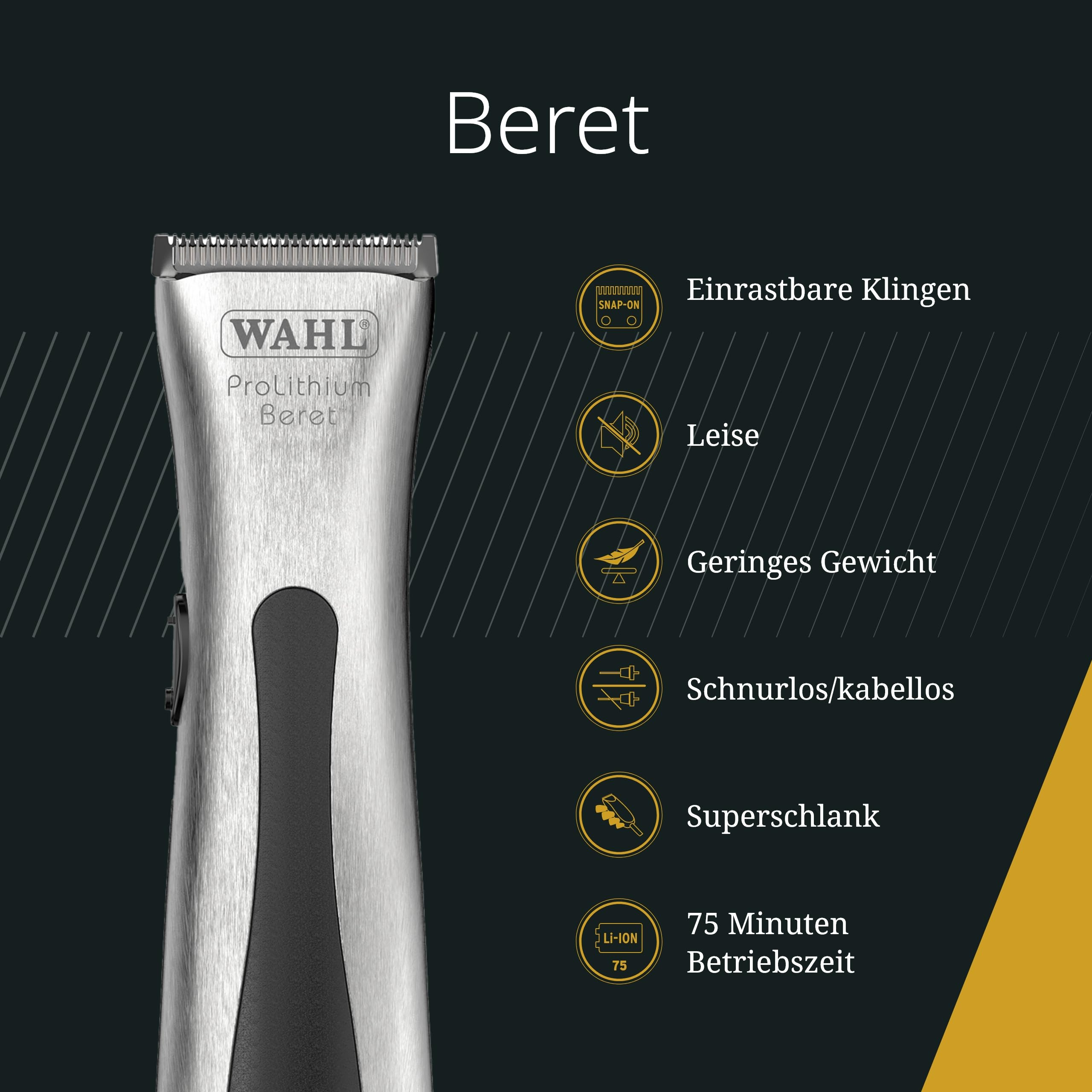 Silberner Haarschneider von Wahl mit Merkmalen: Snap-On-Klingen, leise, leicht.