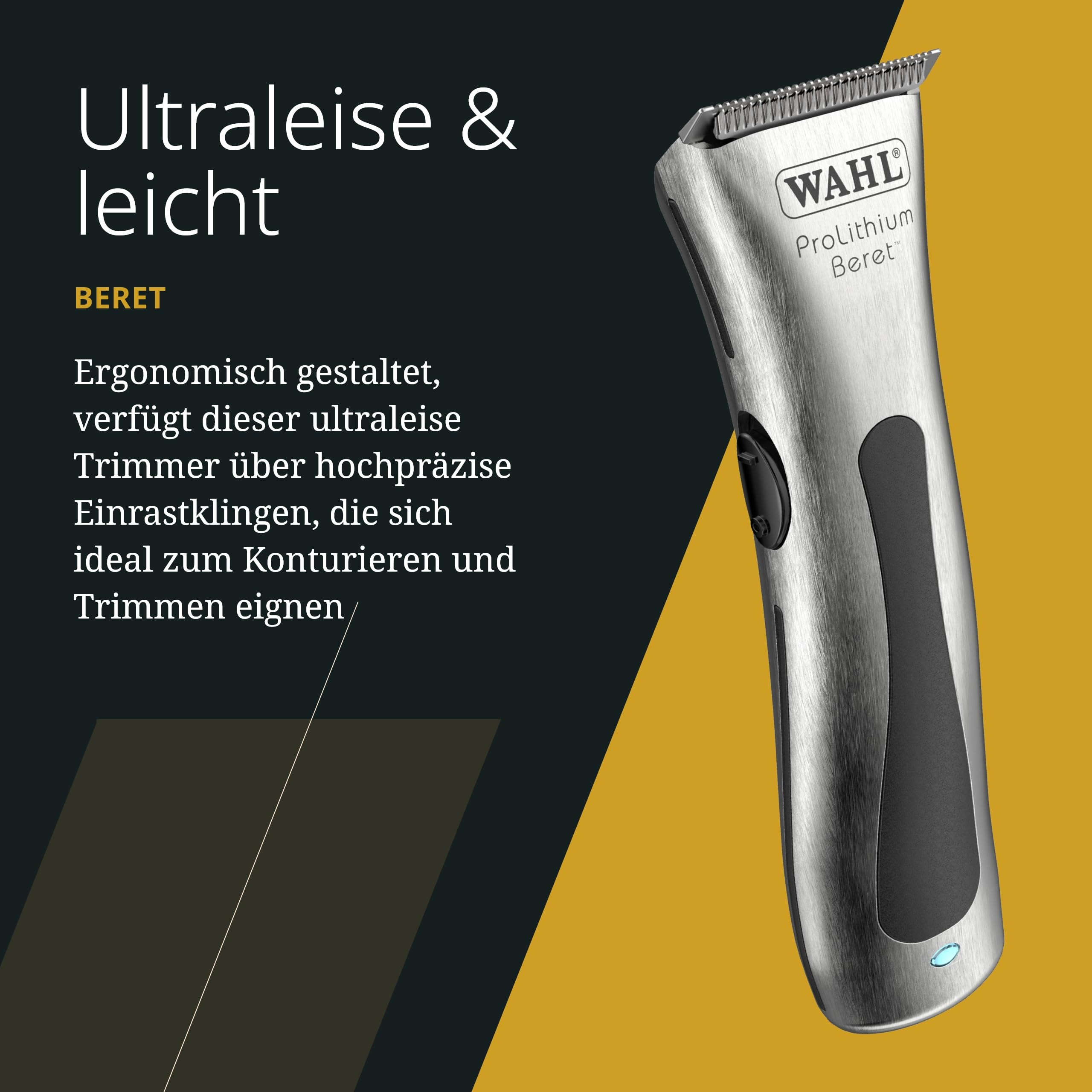 Ein silberner Wahl Beret Trimmer mit schwarzem Griff auf gelbem und dunklem Hintergrund.