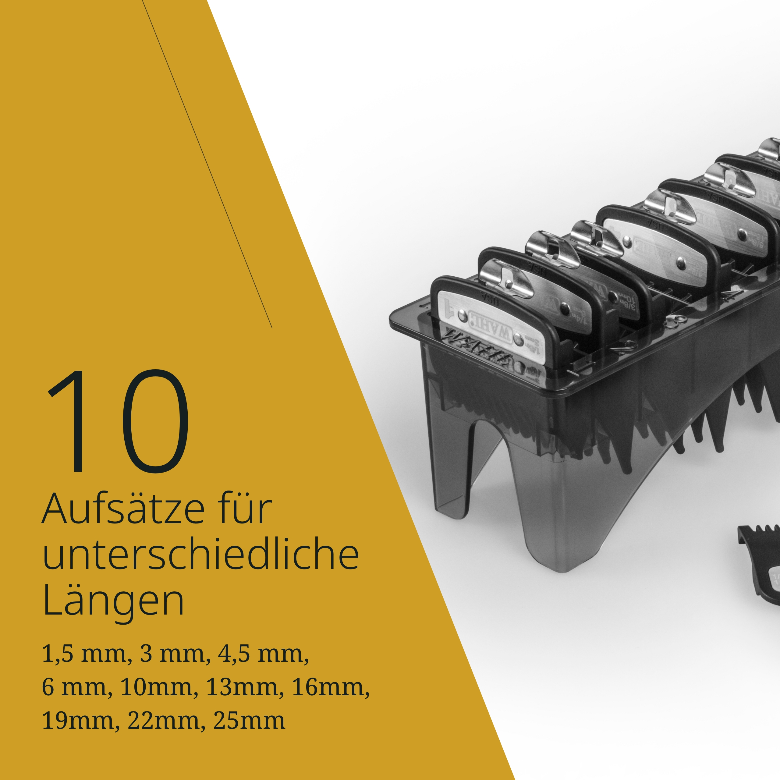 Zehn Aufsätze für Haarschneider in verschiedenen Längen.