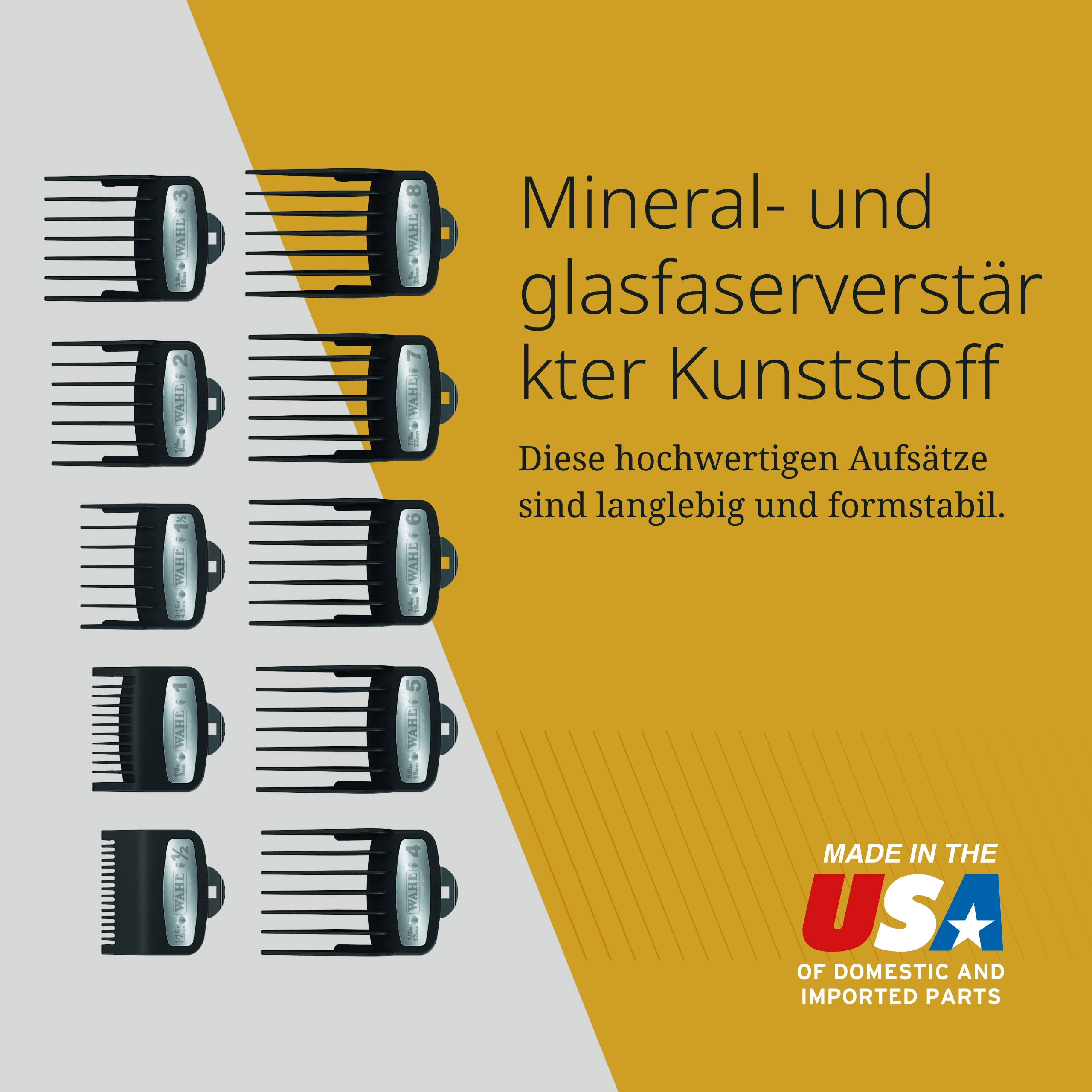 Wahl Haarschneidemaschinen-Aufsätze in verschiedenen Größen, Made in USA.