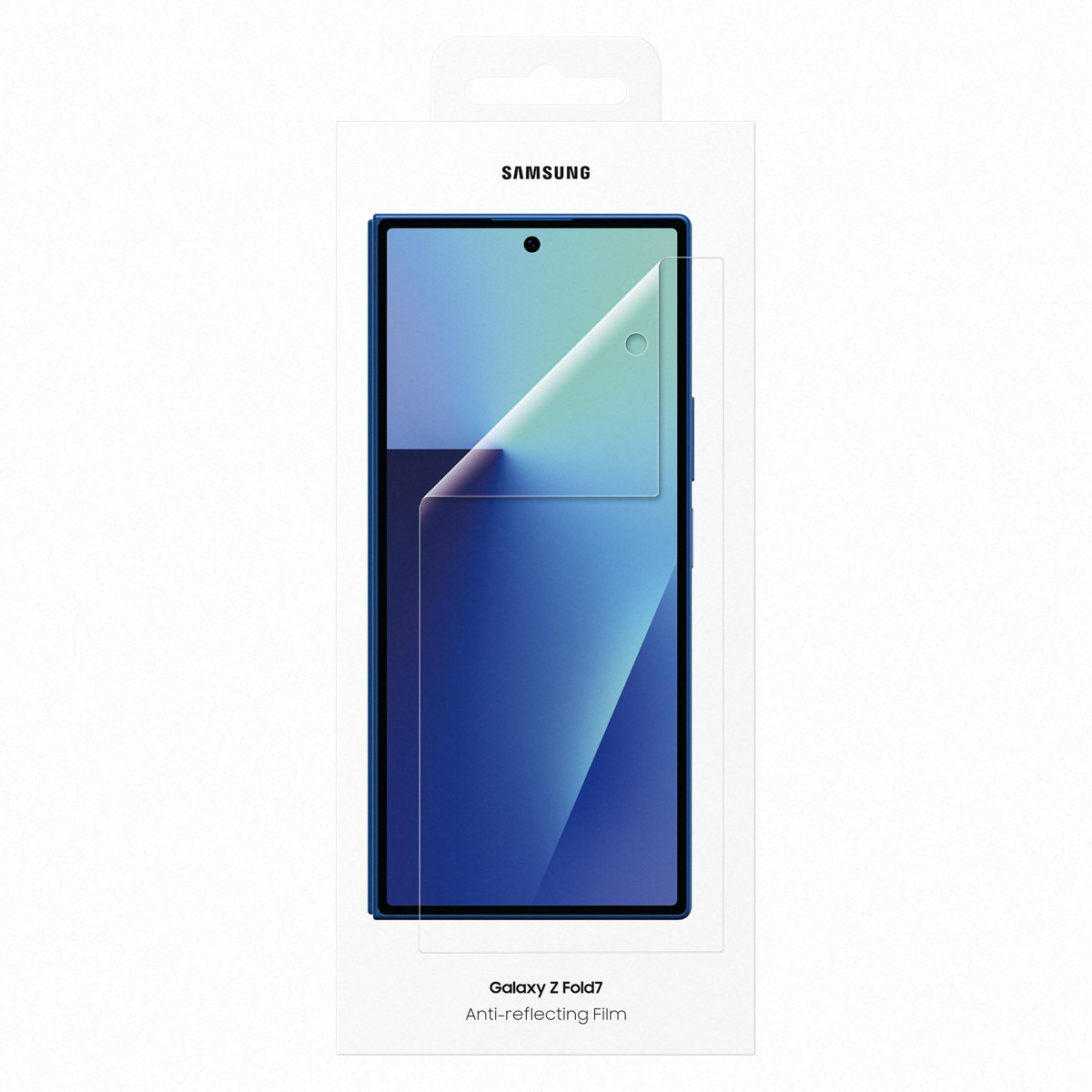 Opakowanie folii antyrefleksyjnej Samsung Galaxy Z Fold7 z niebieskim wyświetlaczem telefonu.