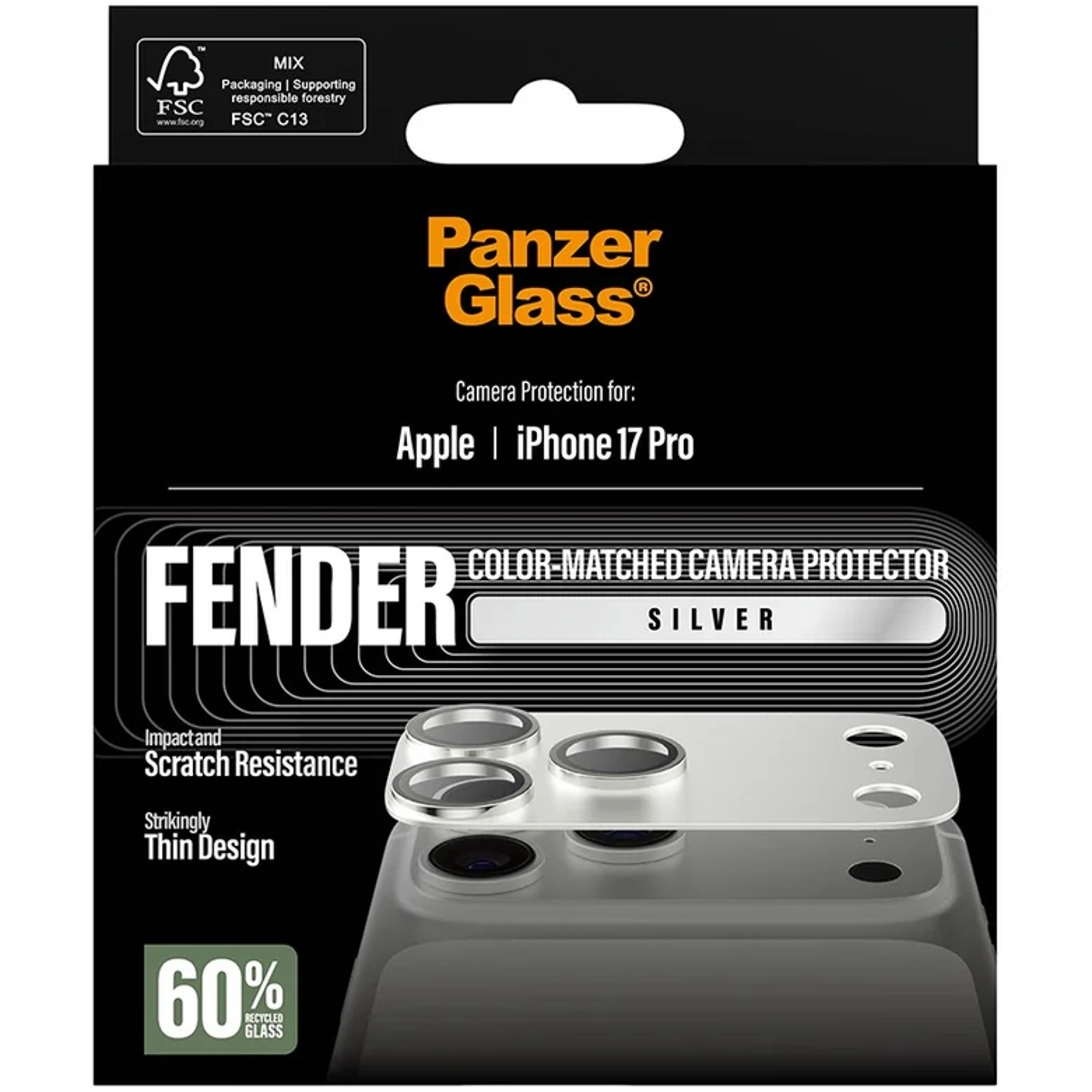 Protecteur caméra Panzer Glass pour iPhone 17 Pro, argenté, design fin.