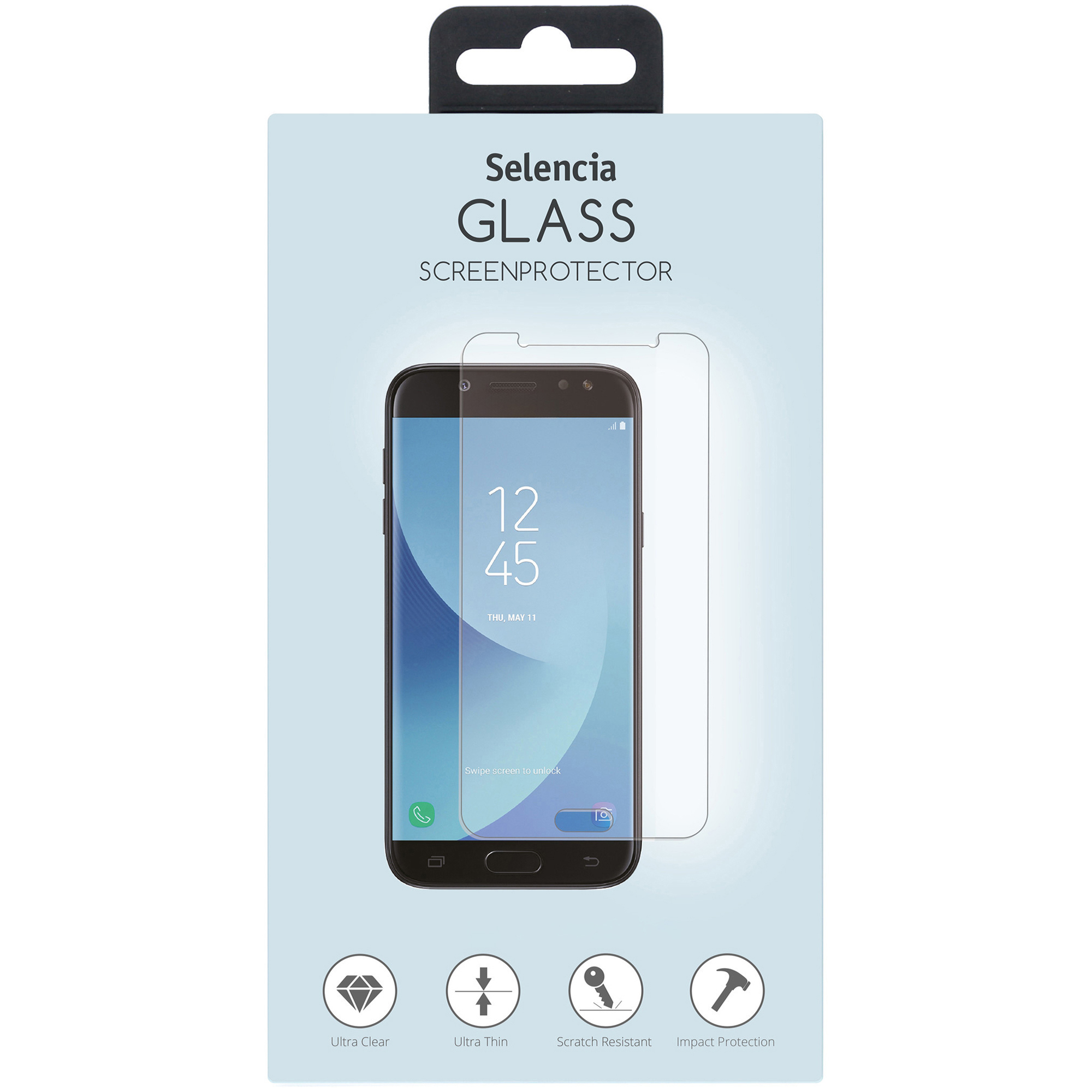 Selencia Glass screen protector on a smartphone showing 12:45.