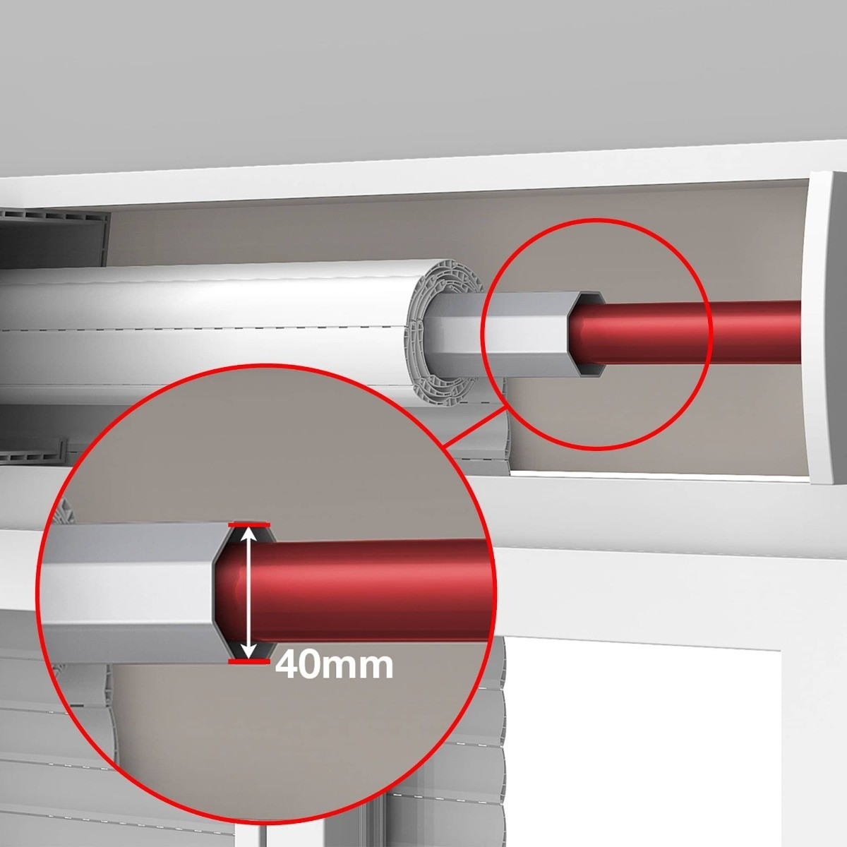 Primer plano de una barra roja (40mm) dentro de una carcasa blanca.