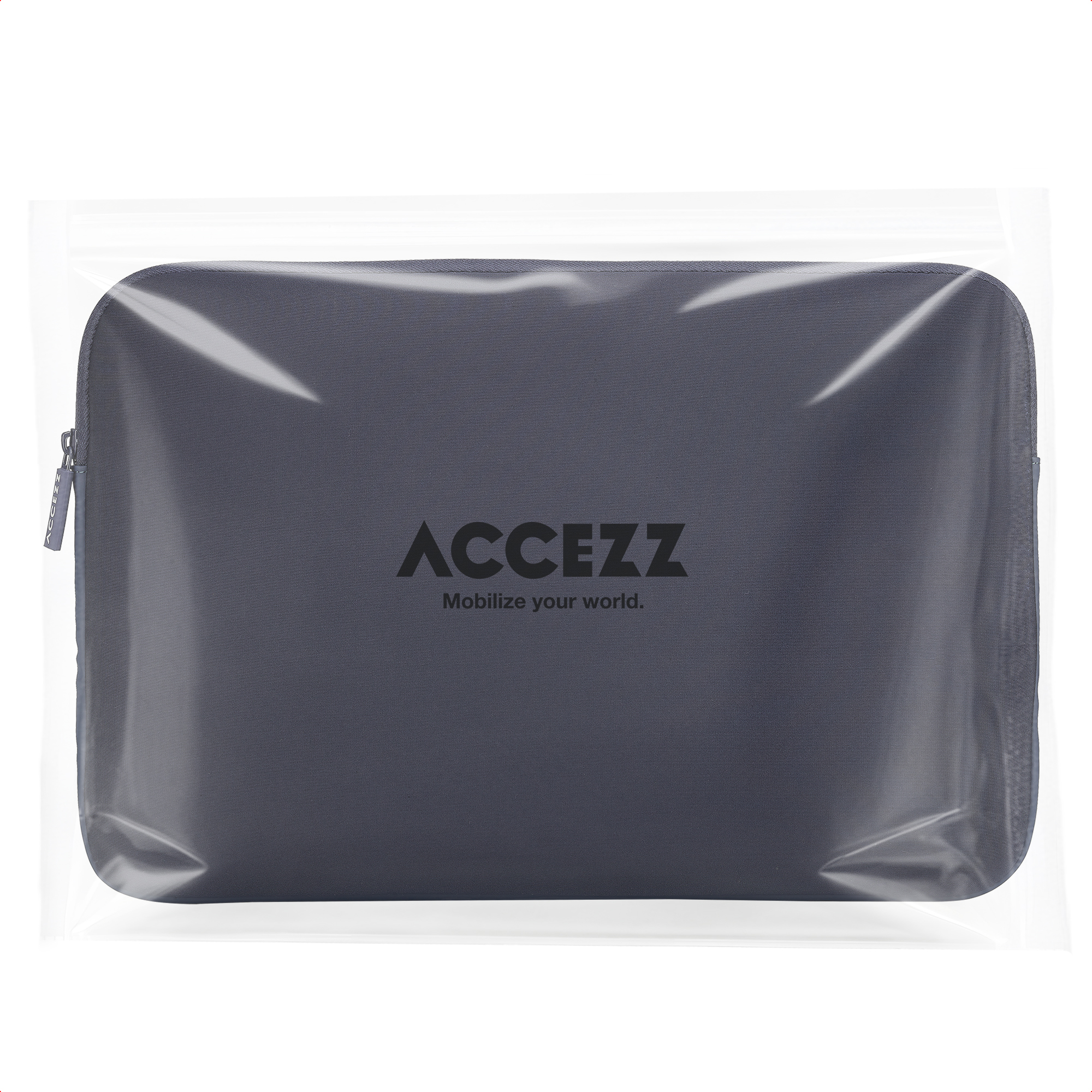 Gray laptop sleeve with zipper and logo inside a clear plastic pouch.