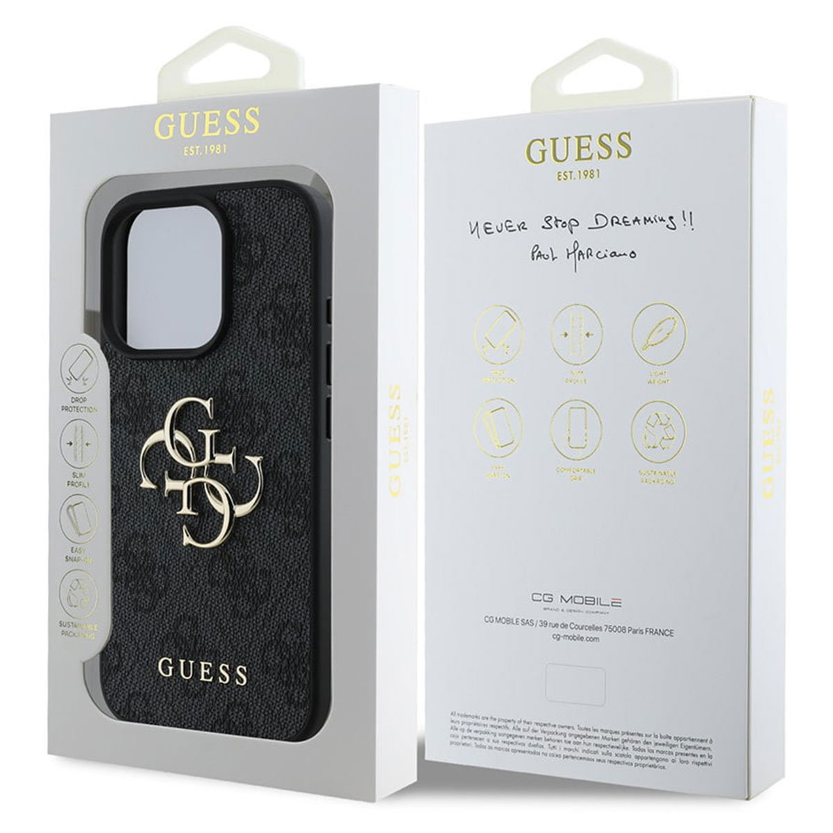 Schwarze Guess Handyhülle mit goldenem Logo, verpackt in weißer Schachtel.