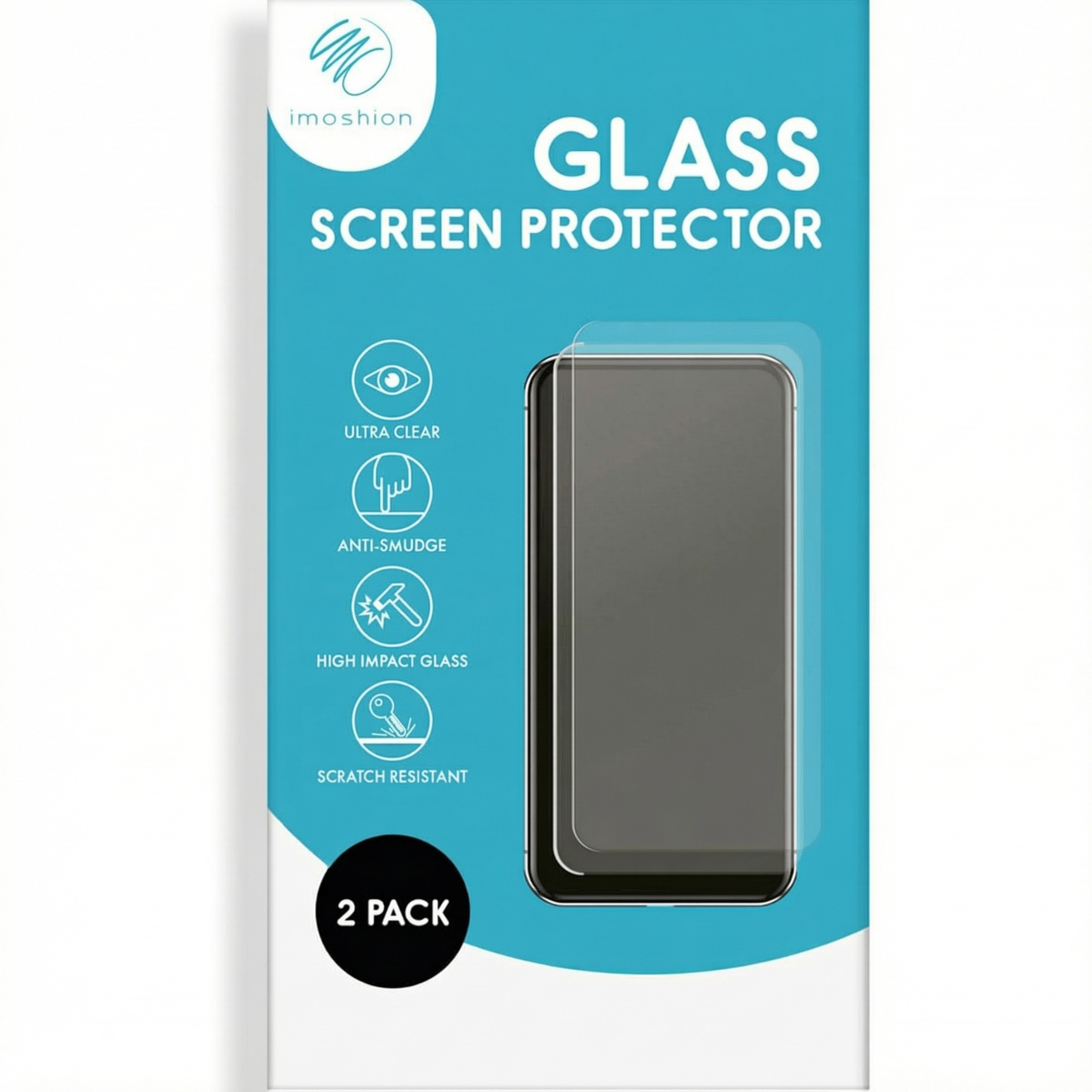 Packaging for a 2-pack glass screen protector with icons.