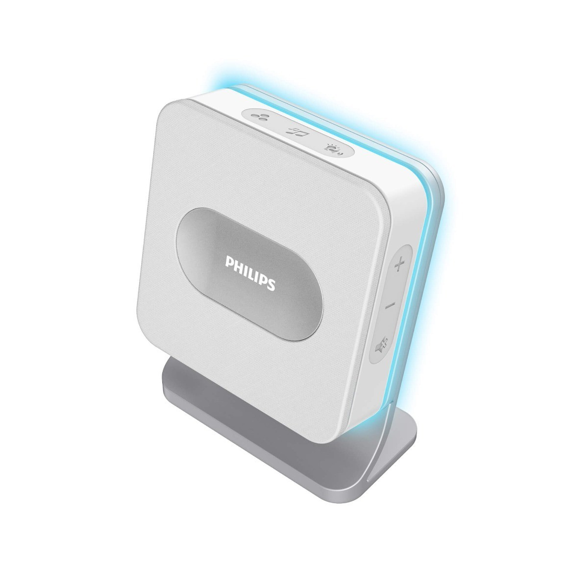 Un altavoz Philips blanco con luz azul está sobre un soporte.
