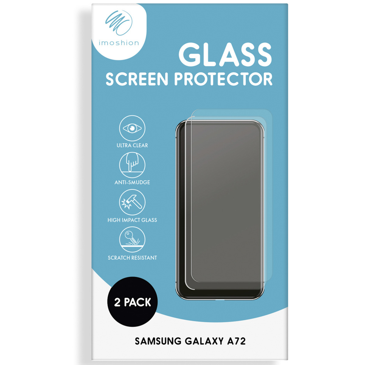 Verpakking Samsung Galaxy A72 screenprotector, 2 stuks.