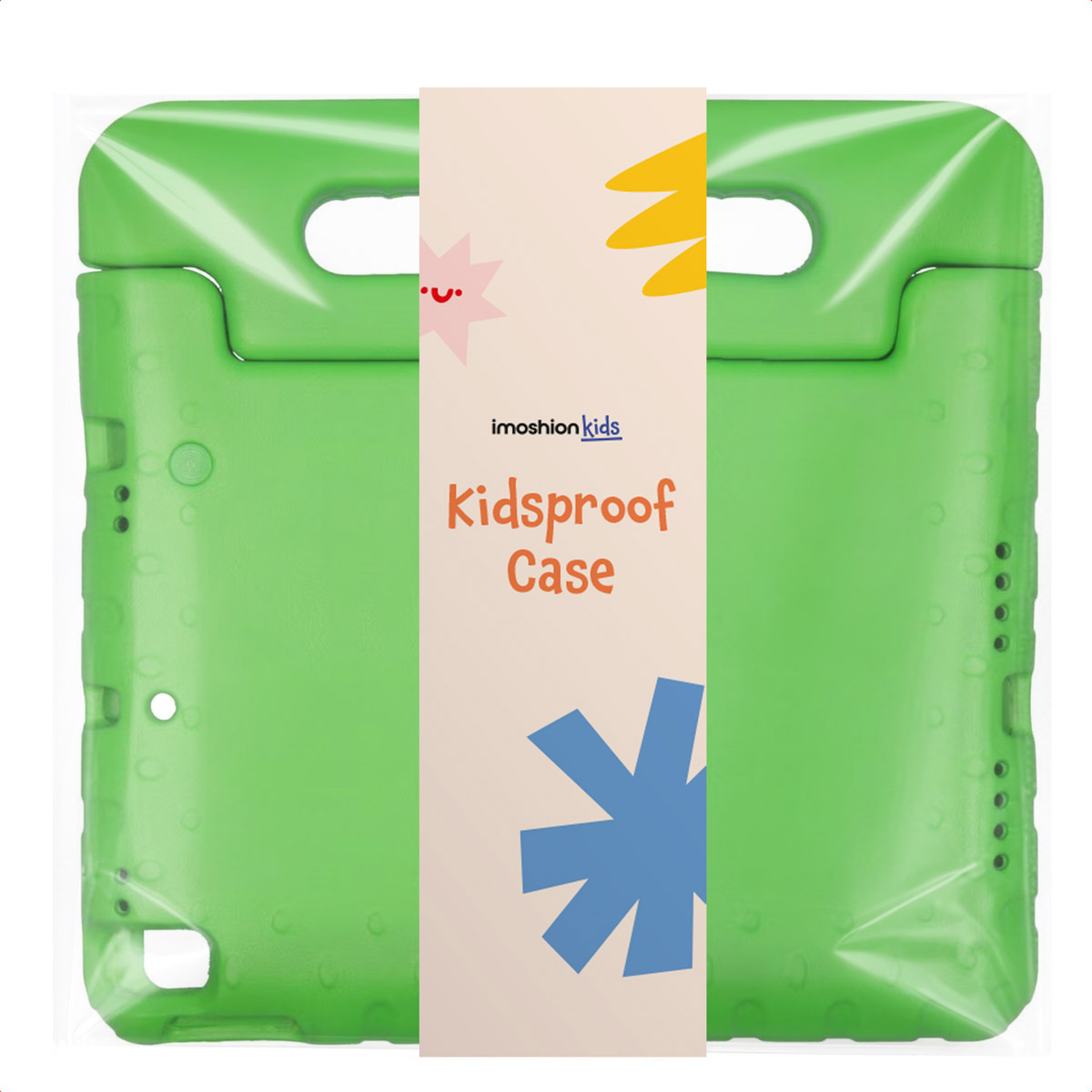 Groene, kindvriendelijke hoes met handvatten en poortuitsparingen.