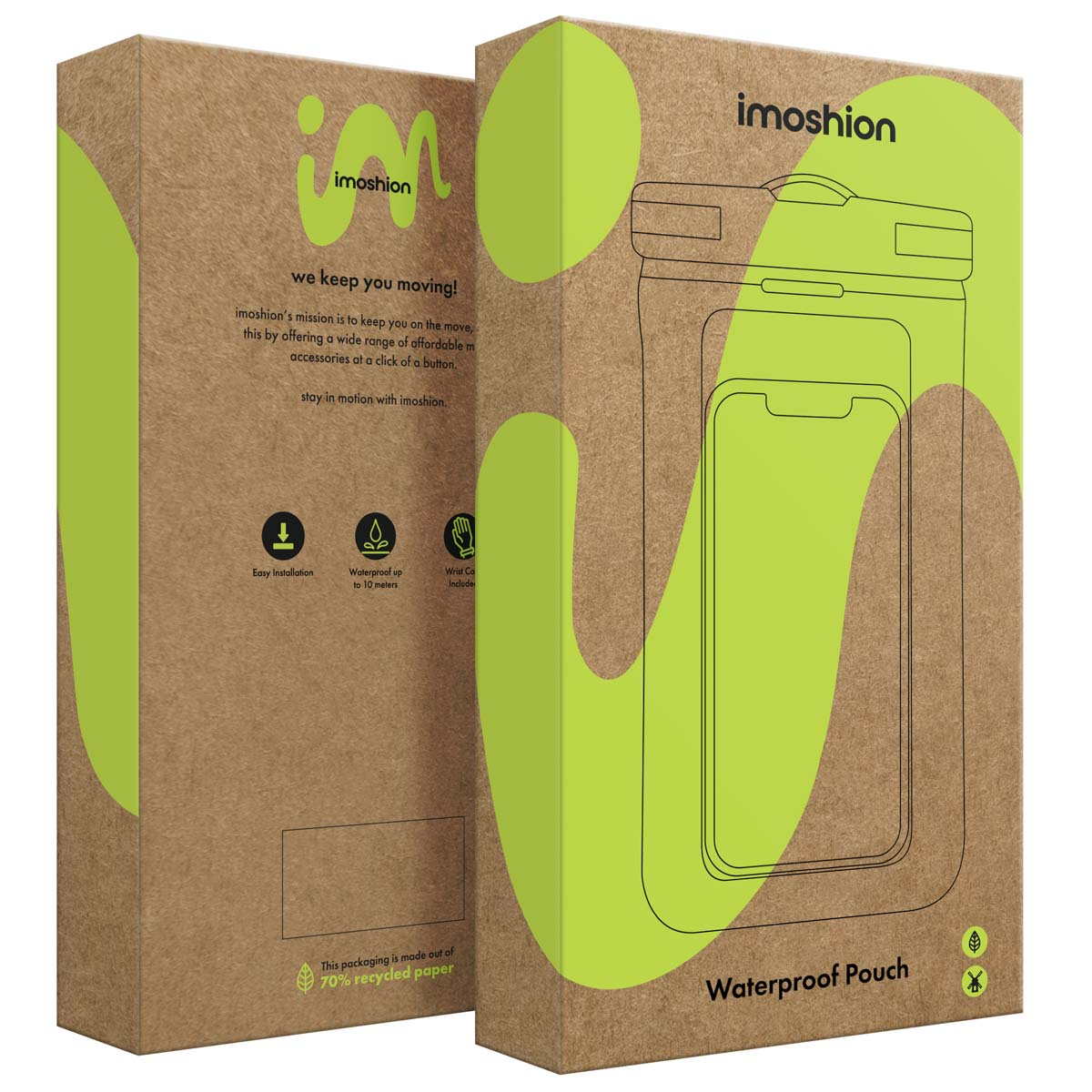 Packaging for an "imoshion" waterproof pouch with graphics.