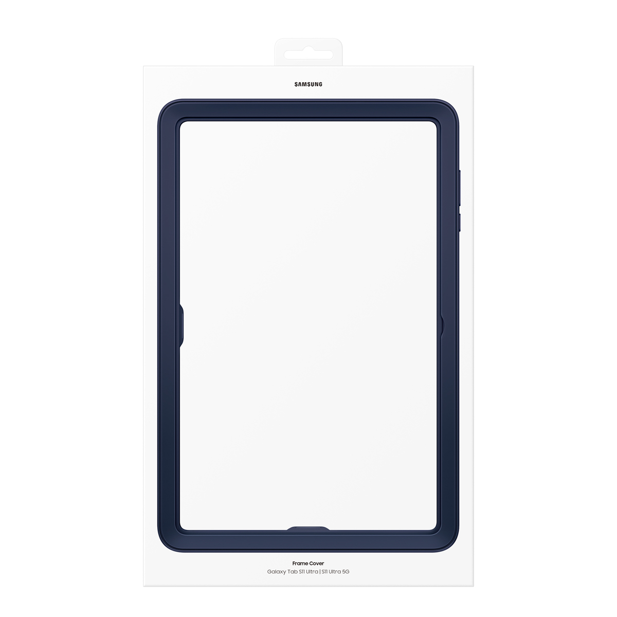 Copertina cornice blu scuro per tablet Samsung su confezione bianca.