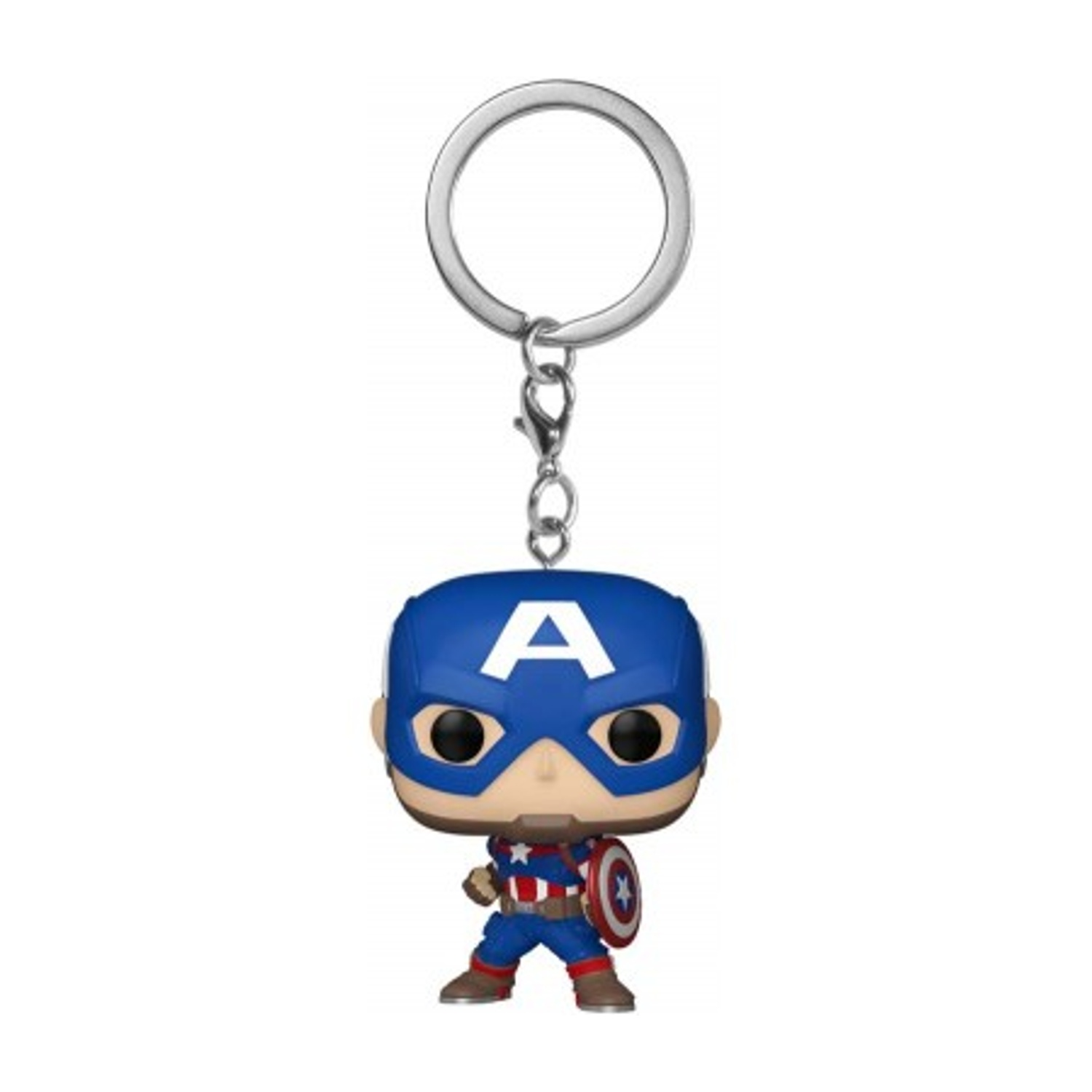 Captain America Funko Pop Schlüsselanhänger mit Schild und A auf der Maske.