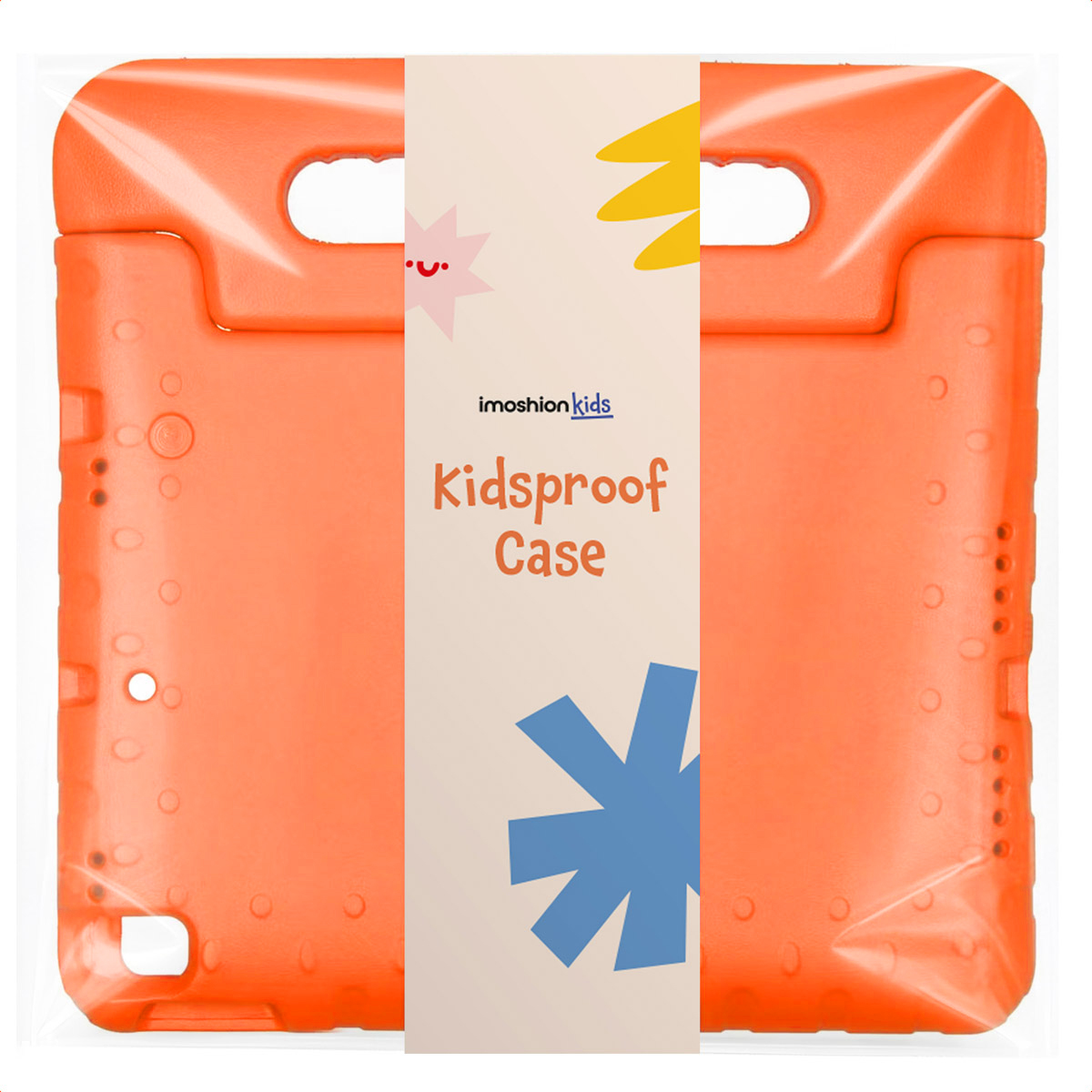 Orange kidproof tablet case with handle cutouts and a blue star design.