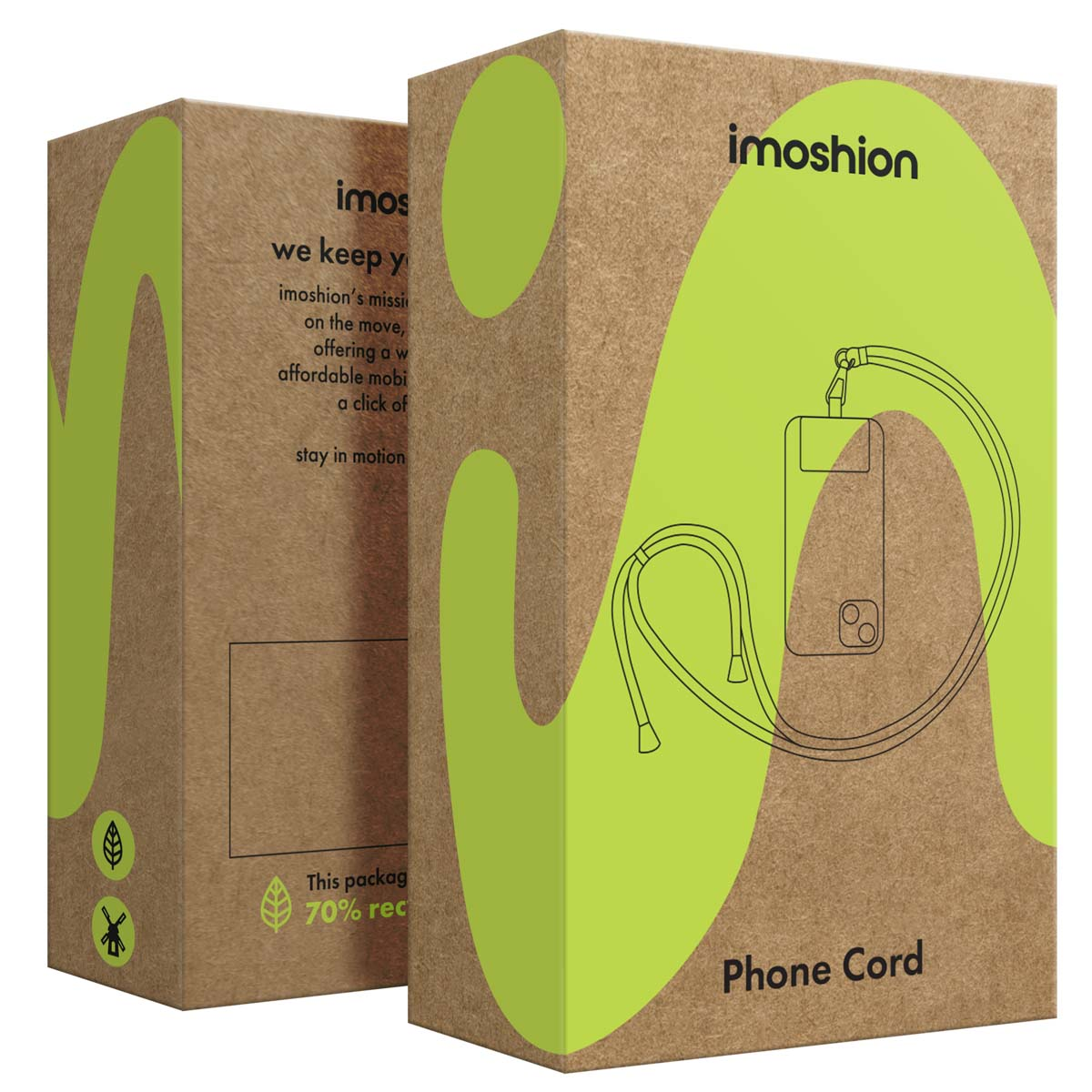 Twee bruine kartonnen dozen met groene golvende patronen en productillustraties.