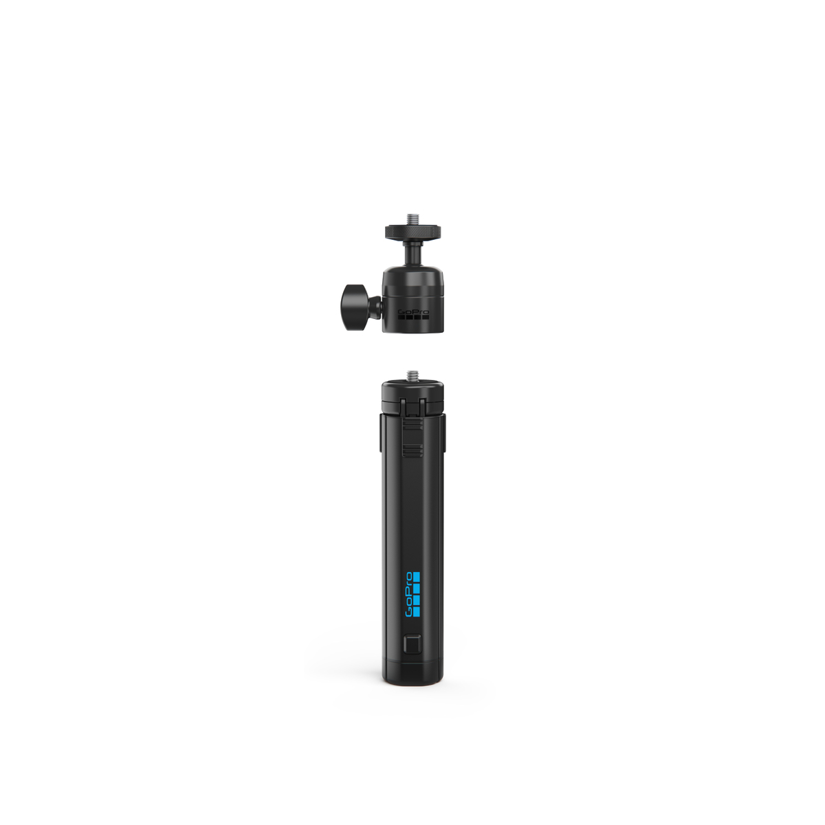 Un mango GoPro negro con rótula, separado sobre fondo blanco.