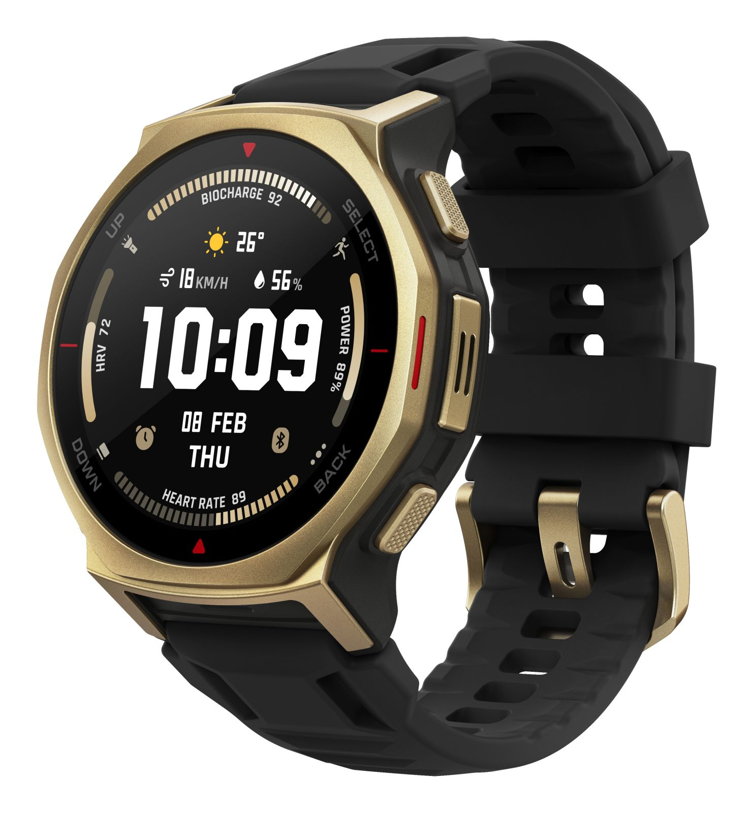 Złoty smartwatch z czarnym paskiem pokazuje 10:09, 26°, 18 km/h.