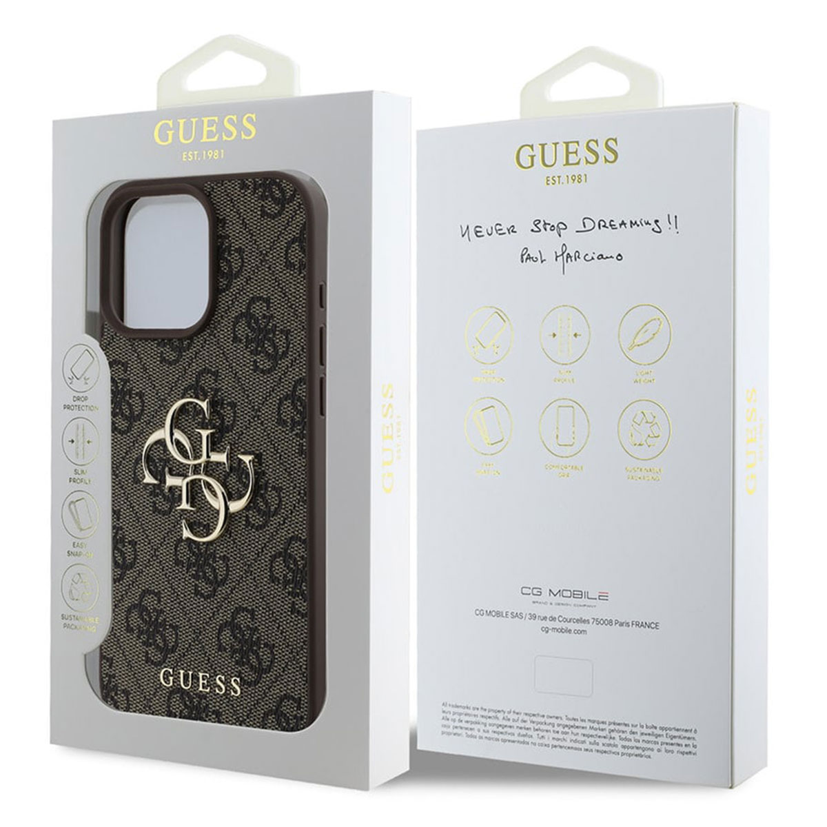 Guess Handyhülle mit Monogramm-Muster in braun und gold, auf weißer Verpackung.