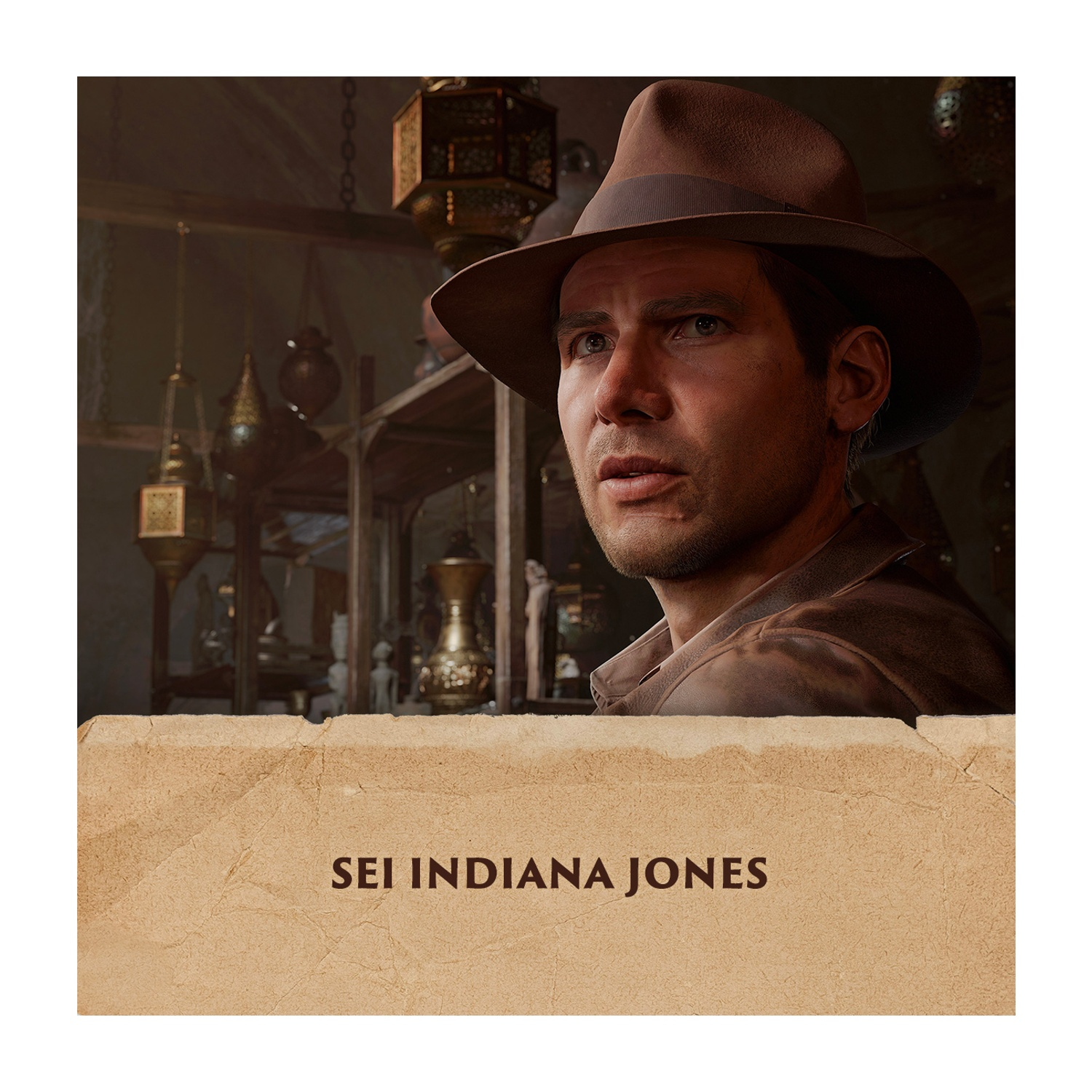 Indiana Jones w brązowym kapeluszu i kurtce w sklepie pełnym lamp.