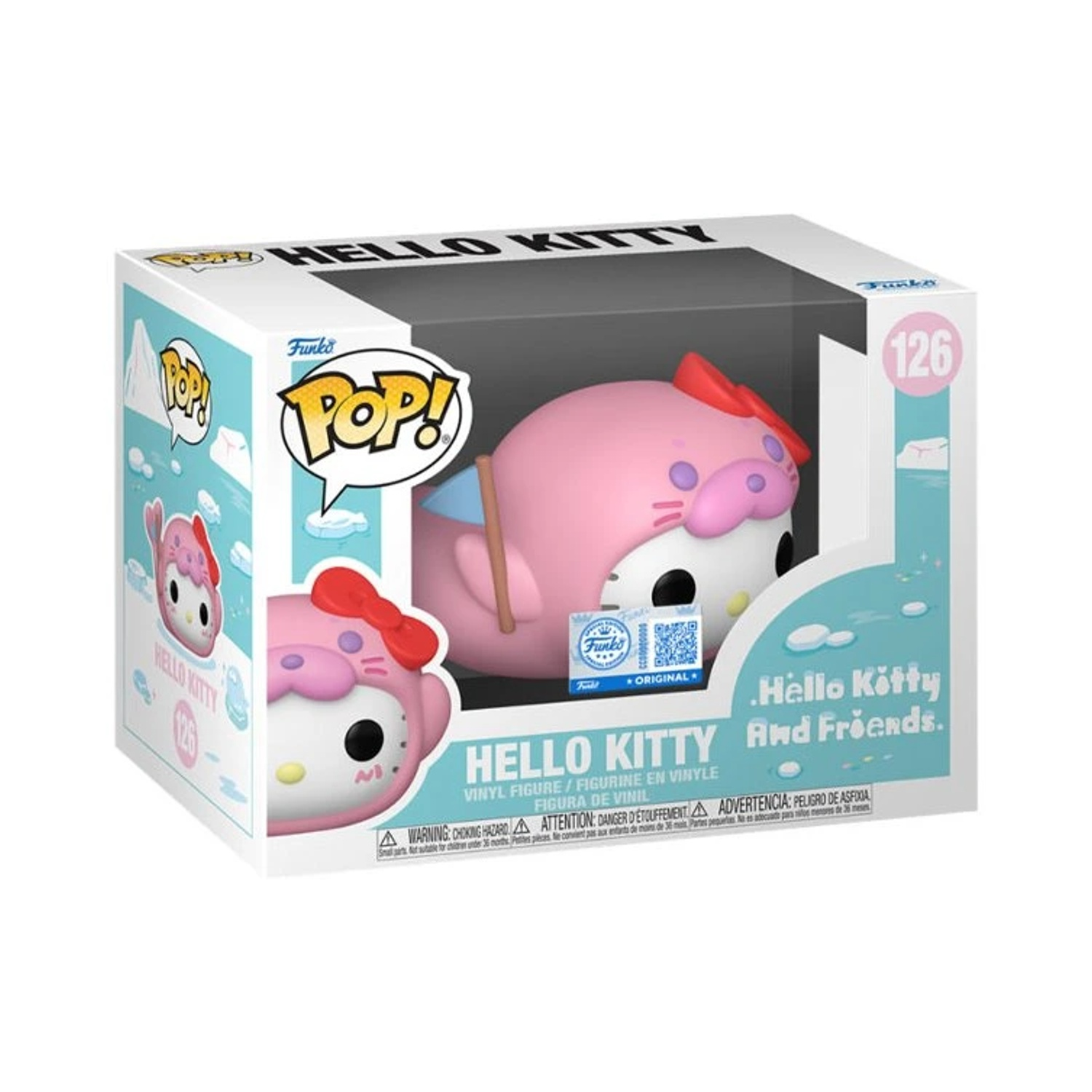 Eine rosa Hello Kitty Vinylfigur mit roter Schleife in einer Box mit Eisbergen.