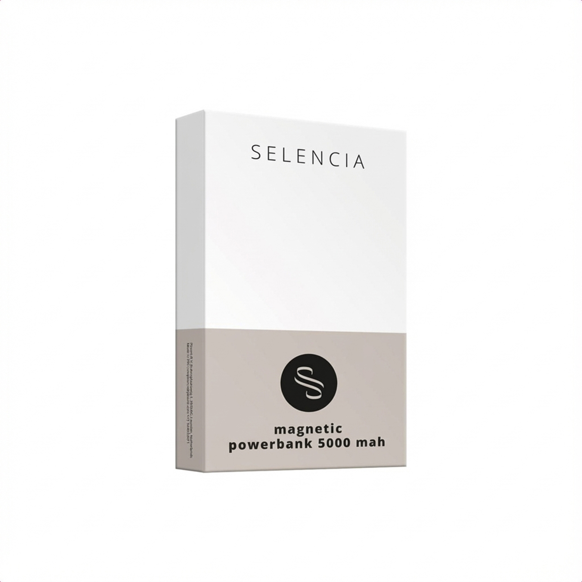 Witte doos met "Selencia" en een zwart cirkellogo met "S".
