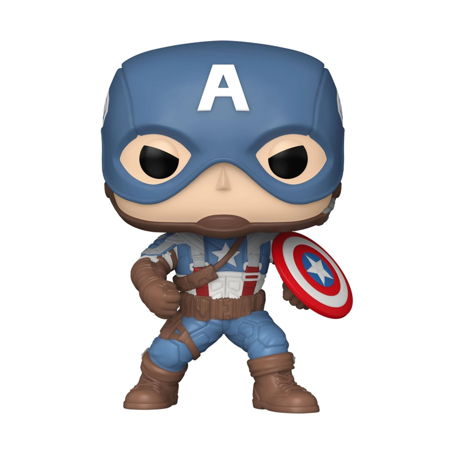 Figura Funko Pop de Capitán América con escudo y uniforme azul.