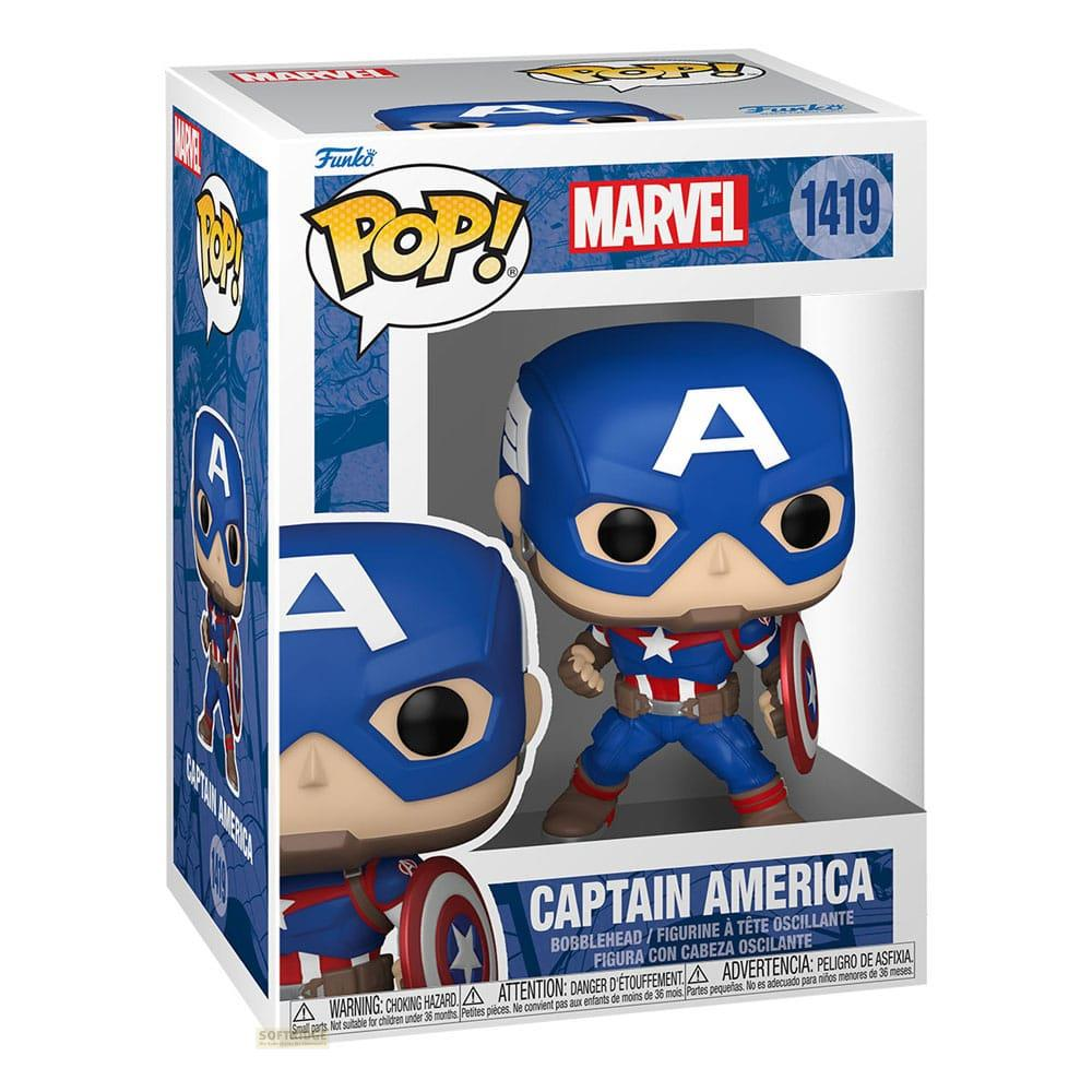 Statua Funko Pop! di Captain America in scatola con scudo e logo "A".
