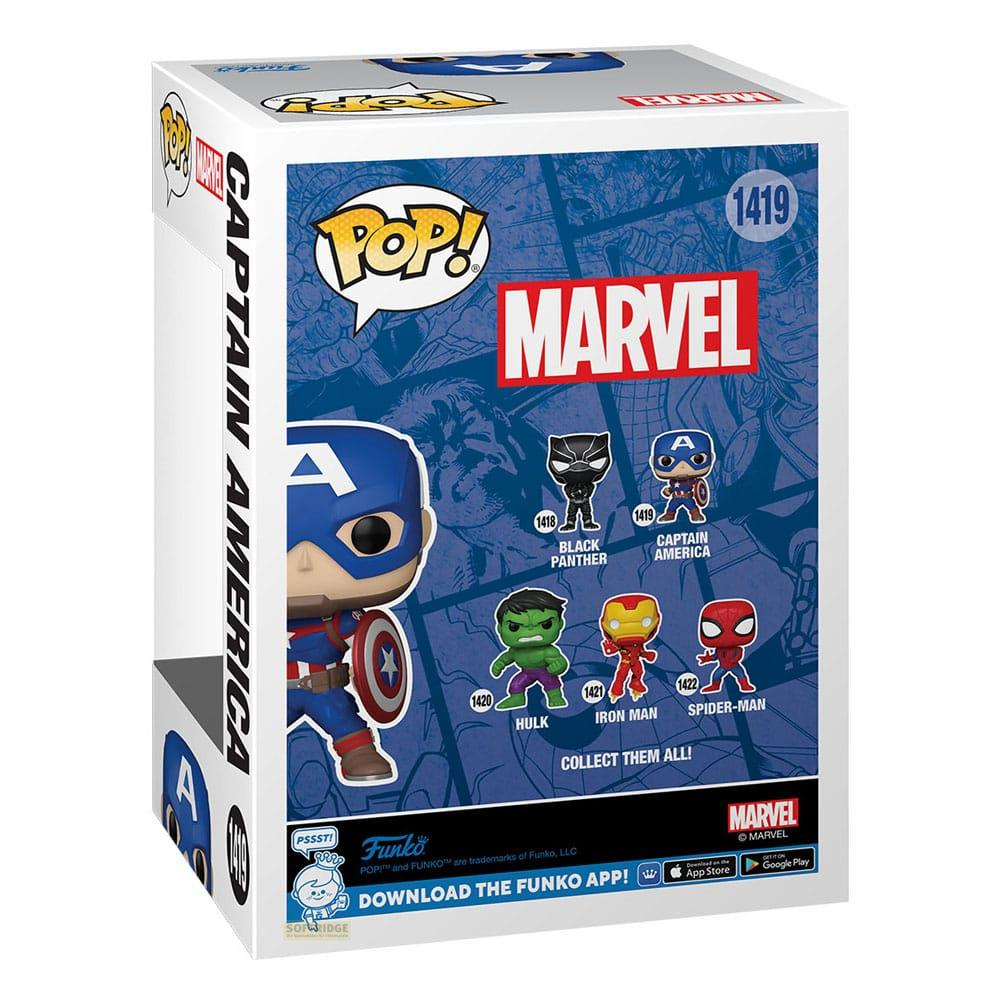 Scatola Funko Pop! di Captain America, con personaggi Marvel e info download app.