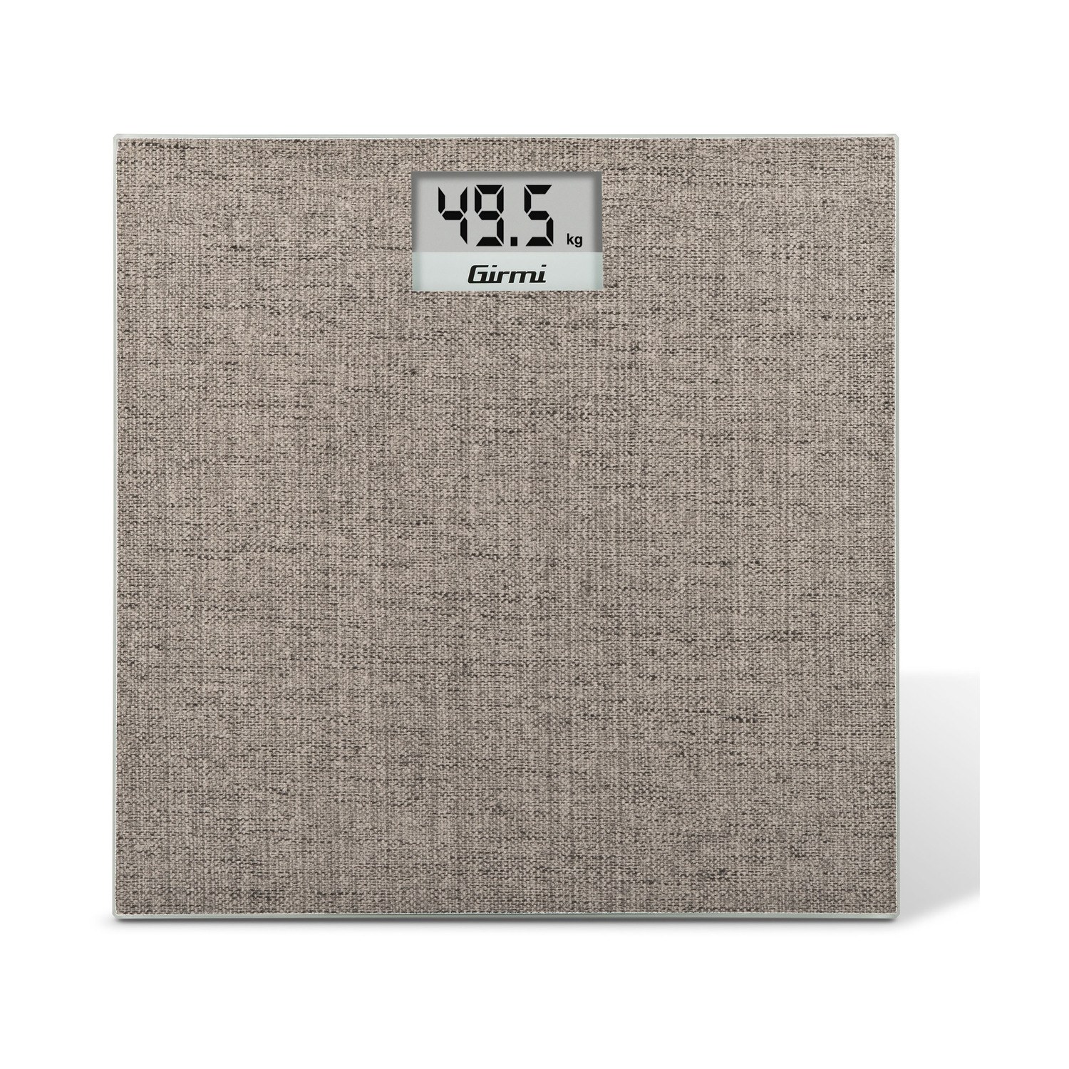 Bilancia digitale con superficie in tessuto grigio e display LCD che mostra 49,5 kg.