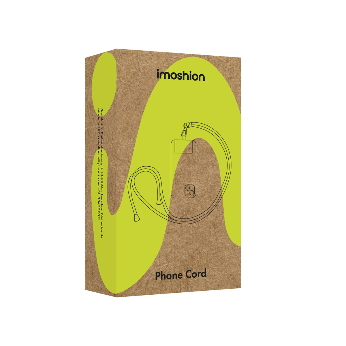 Doos met groen golfontwerp, telefoonillustratie en tekst 'Phone Cord'.