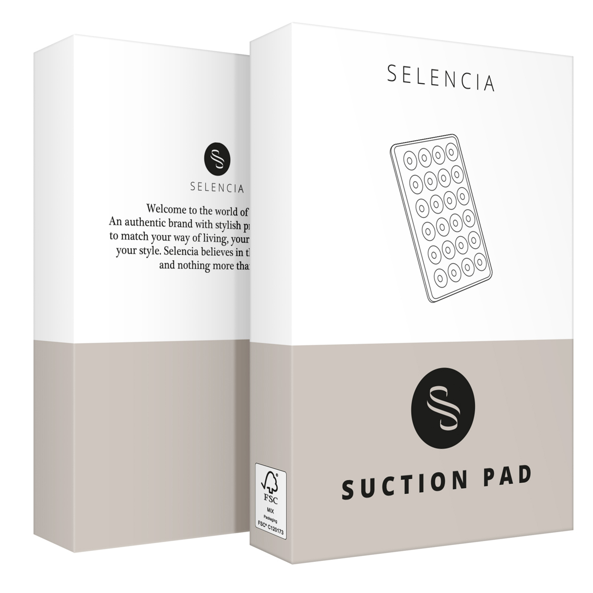 Twee Selencia-dozen. Eén toont tekst en logo. De andere toont een zuignapdiagram.