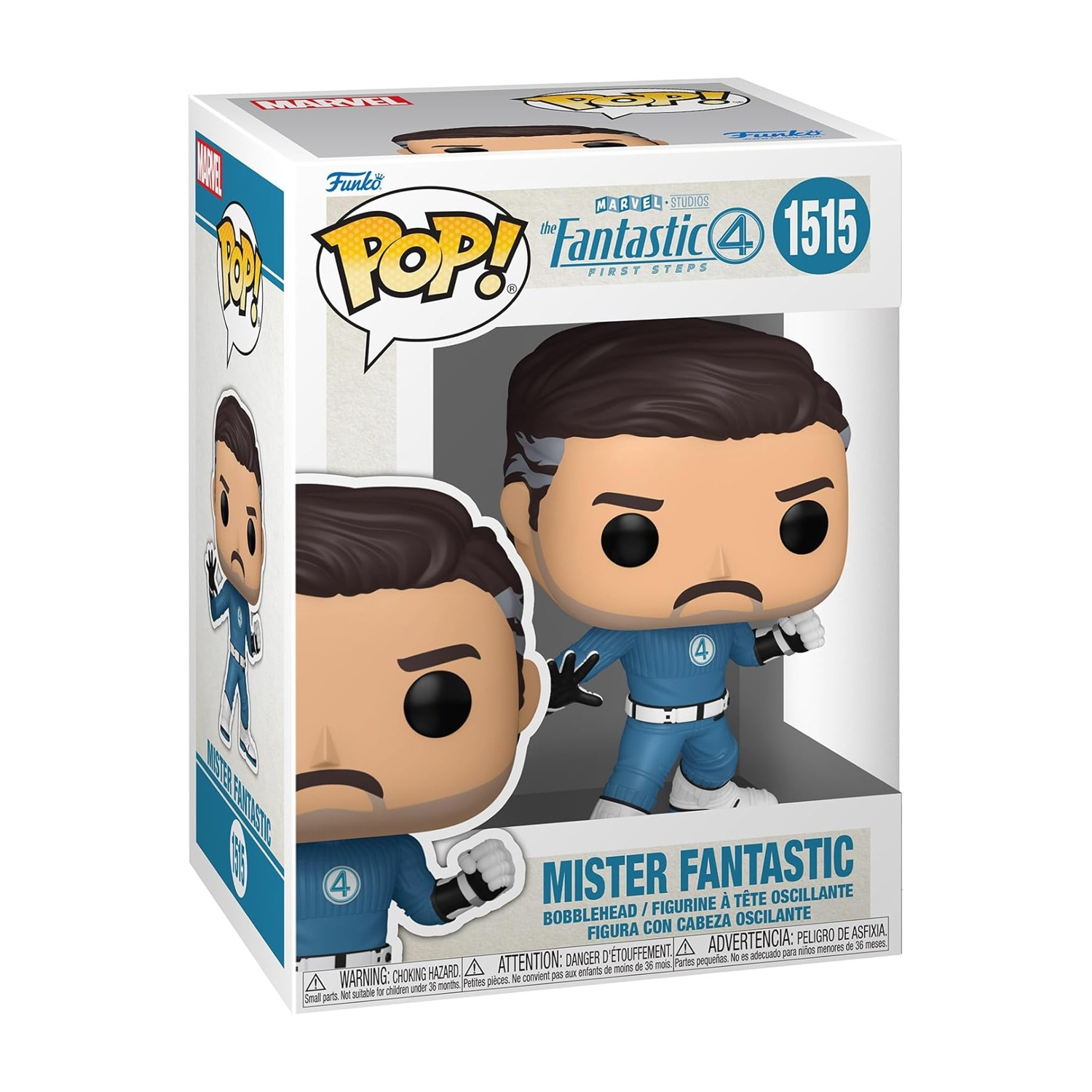 Action figure Funko Pop! di Mister Fantastic in tenuta blu con simbolo "4" sul petto.