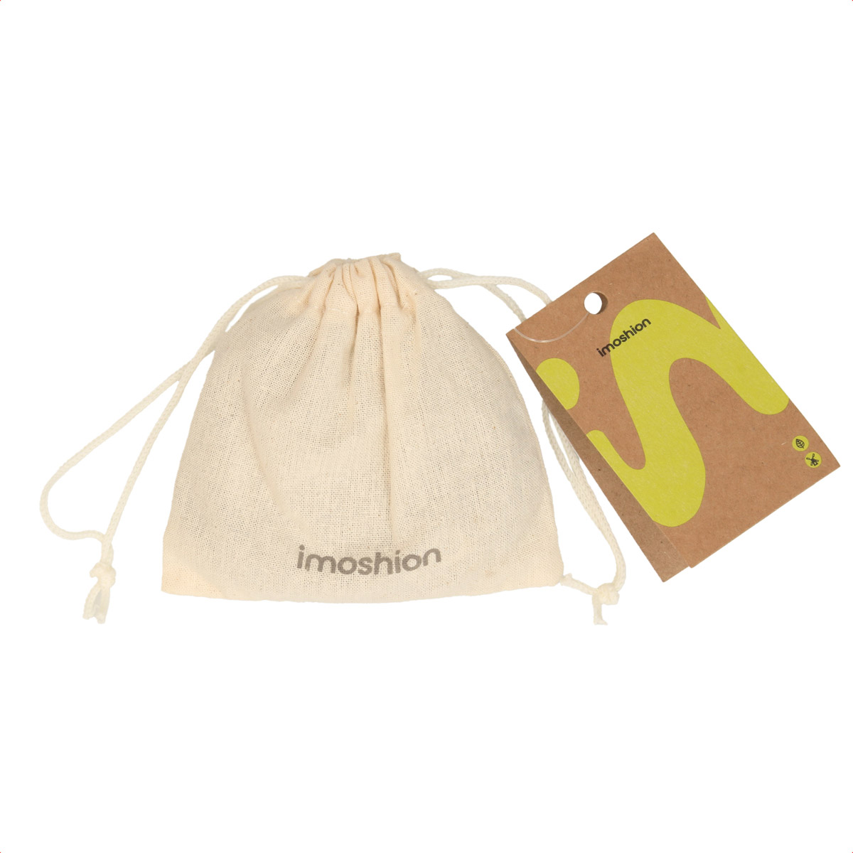 A cream drawstring fabric bag with a brown tag featuring a yellow abstract design.