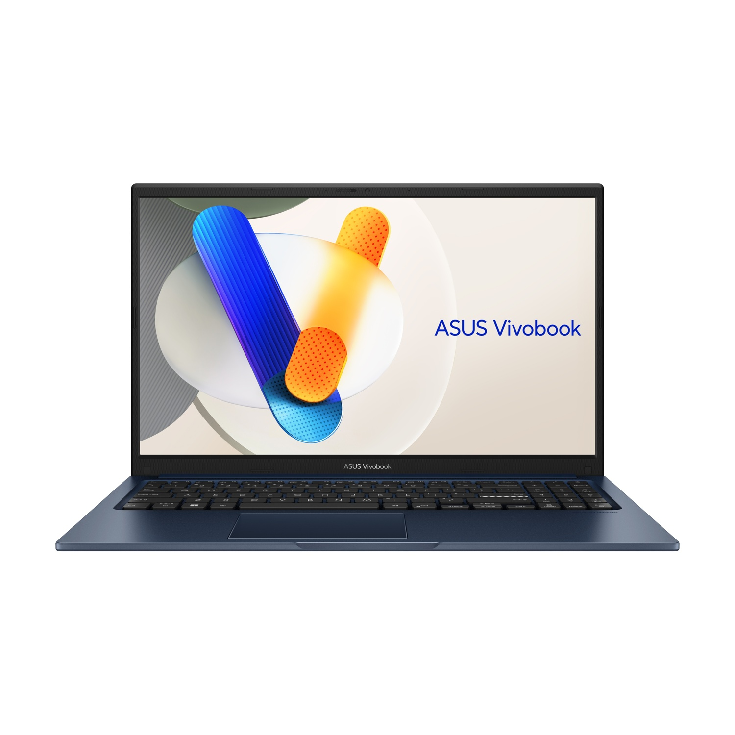 Laptop Asus Vivobook blu con sfondo moderno e tastiera.