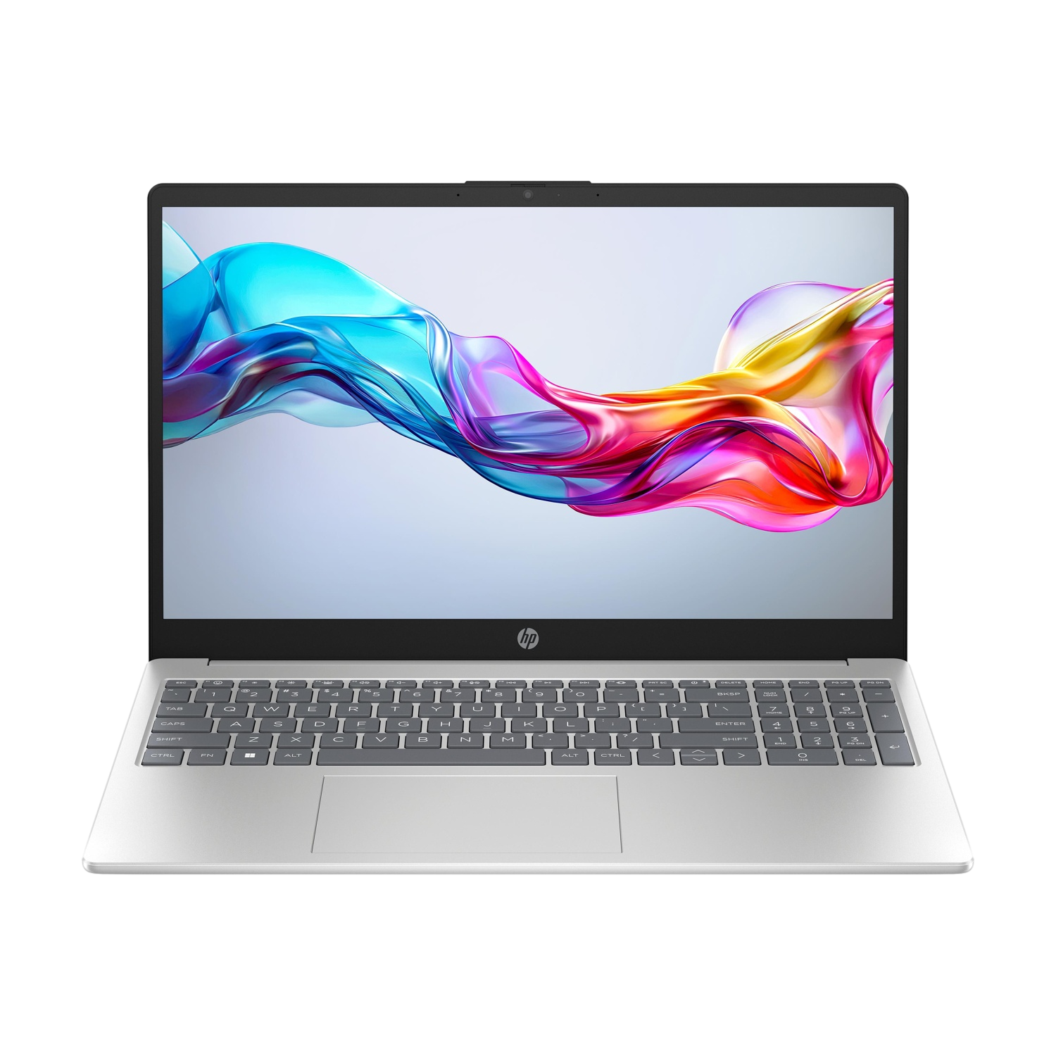Un laptop argentato aperto che mostra un salvaschermo astratto colorato.