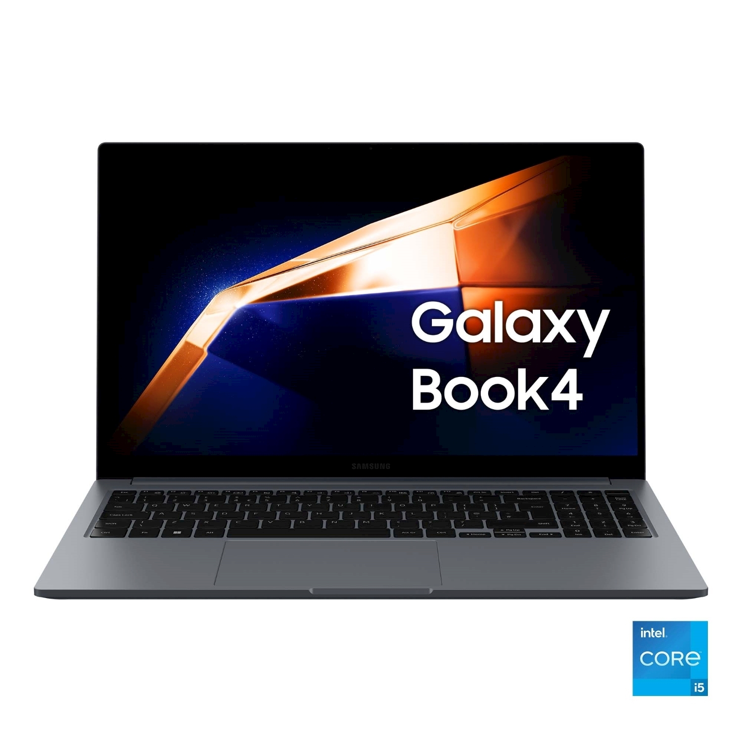 Un elegante laptop Samsung Galaxy Book4 grigio con schermo vibrante che mostra forme astratte arancioni e blu.