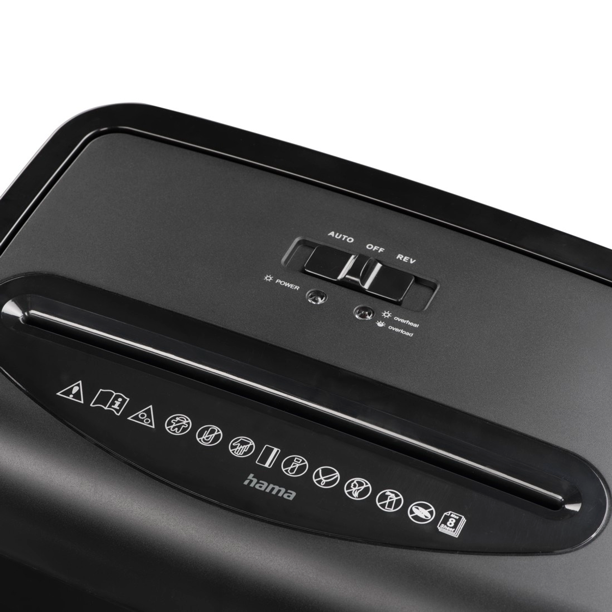 Czarna niszczarka do papieru z kontrolkami i symbolami.