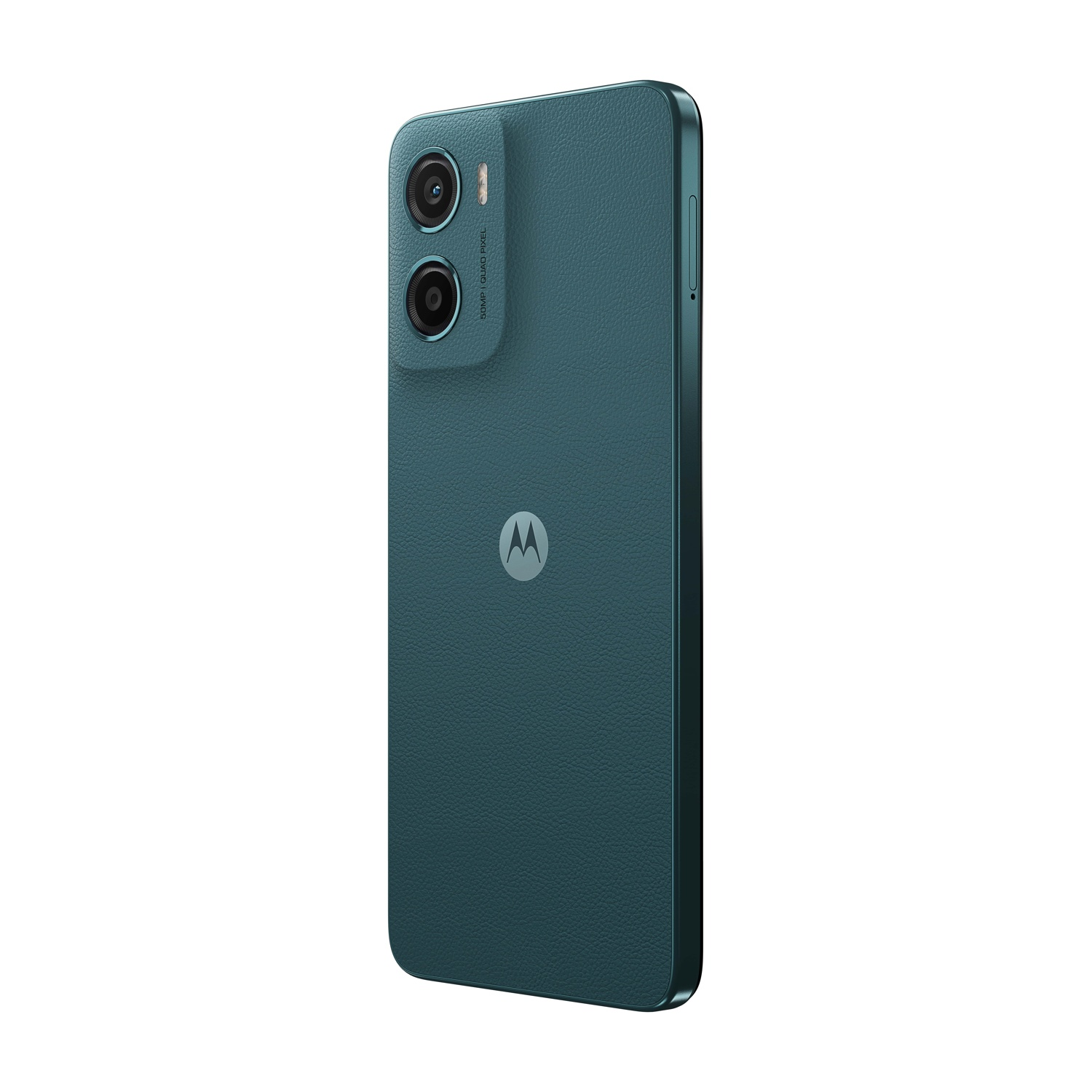 Ciemnozielony smartfon z podwójnym aparatem i logo Motorola.