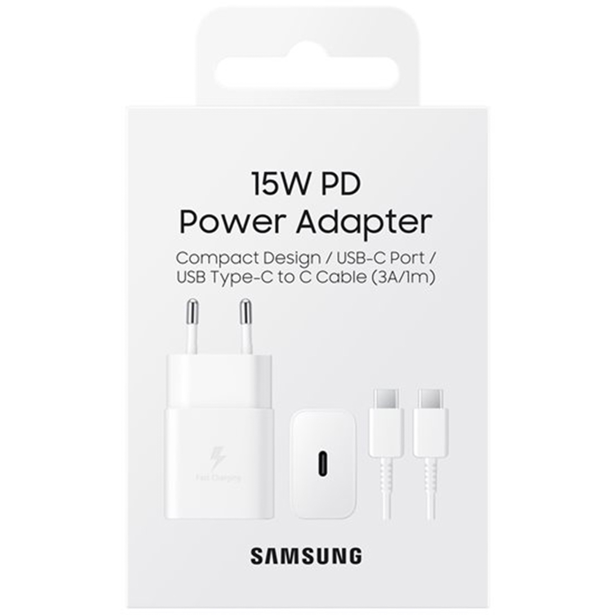 Embalaje de un adaptador de corriente Samsung blanco de 15W PD con cable USB-C.