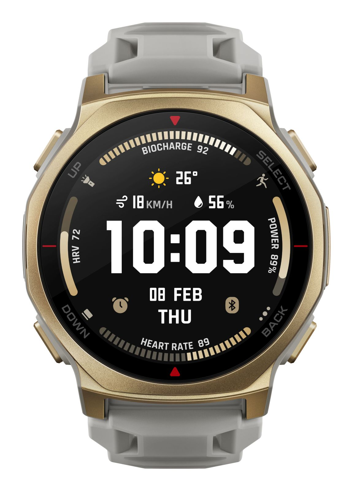 Złoty smartwatch pokazuje 10:09, 26°, 18 km/h, 56%, HRV 72, Tętno 89.