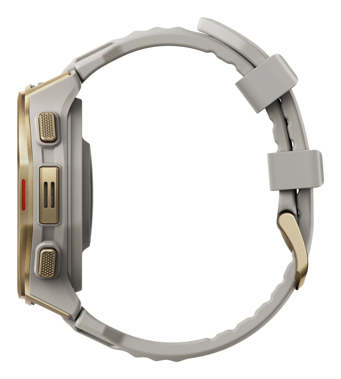 Szary smartwatch ze złotymi akcentami i przyciskami.