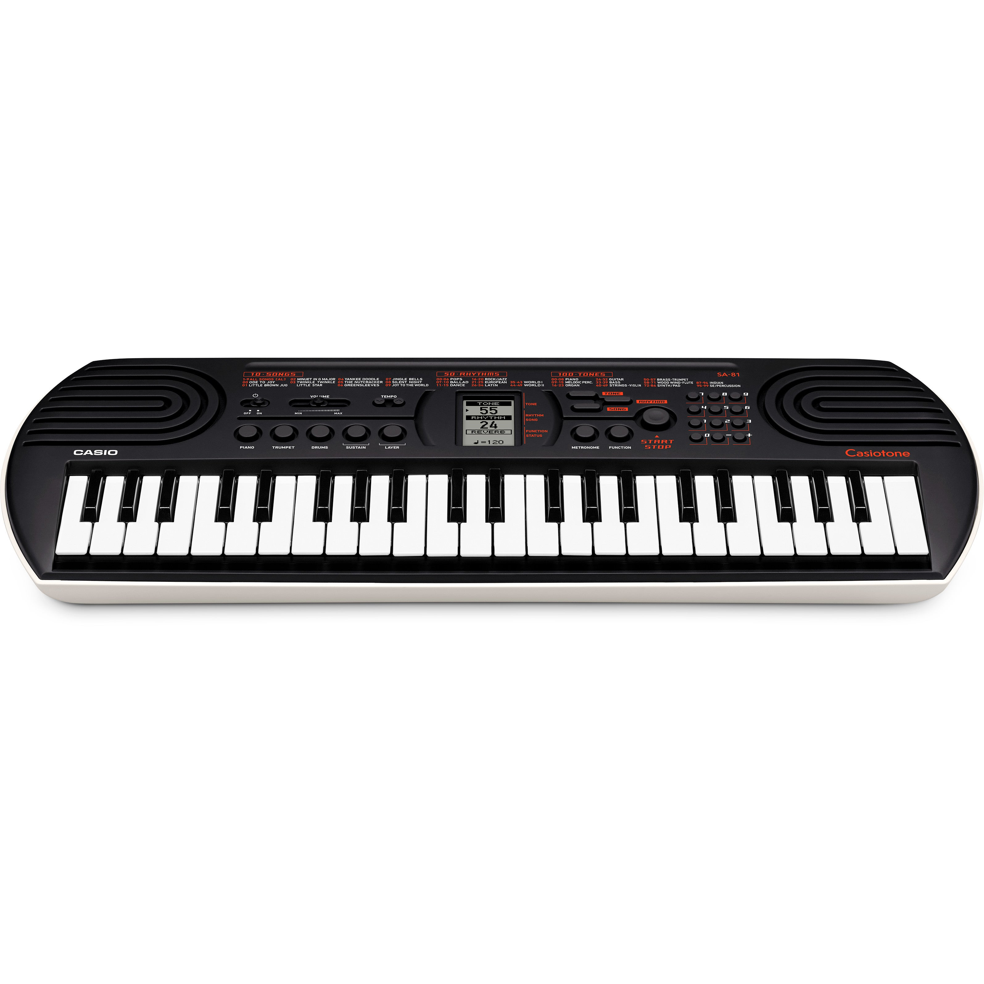 Ein schwarzes Casio SA-81 Keyboard mit weißen Tasten und orangefarbenen Bedienelementen.