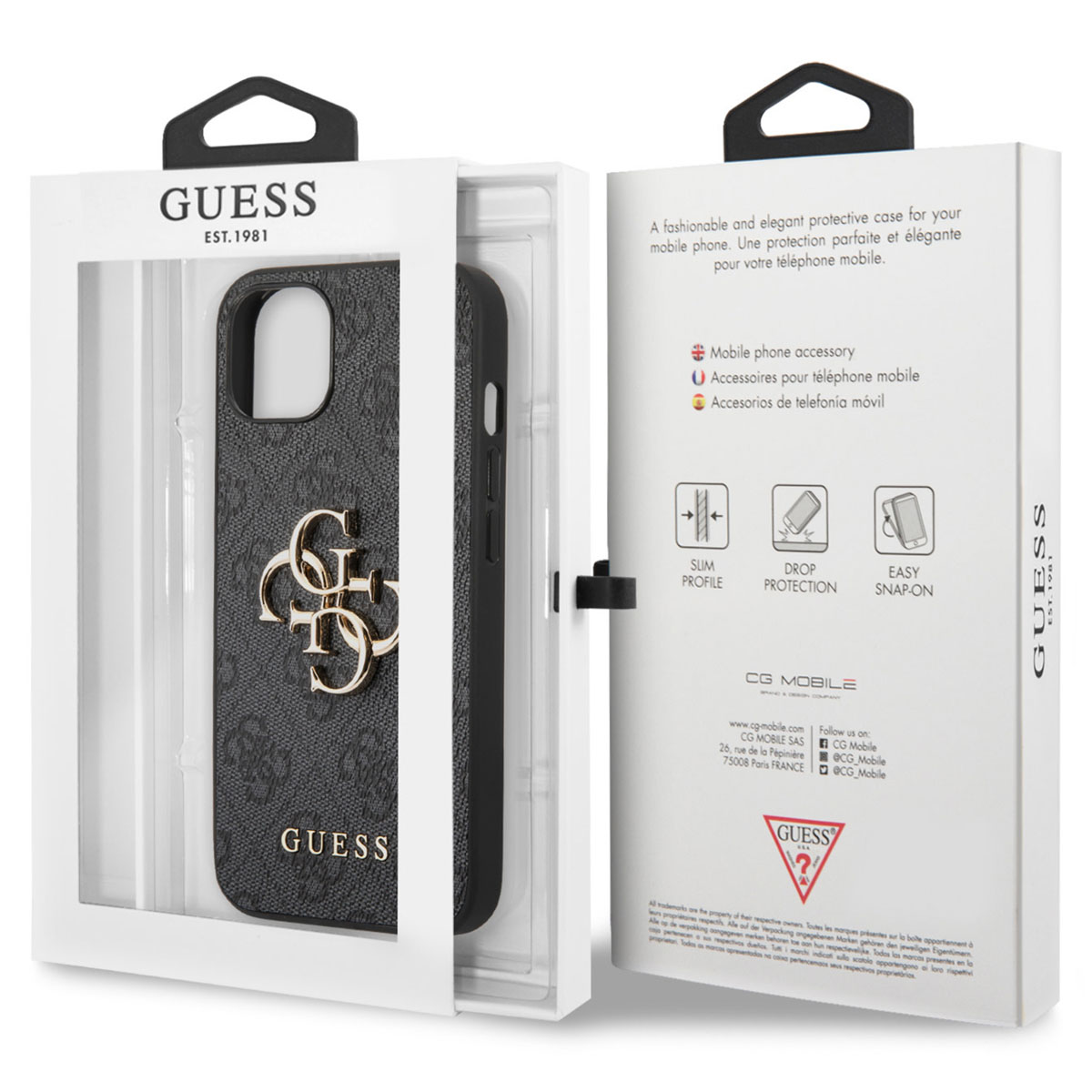 Custodia Guess per telefono in confezione con logo e caratteristiche.